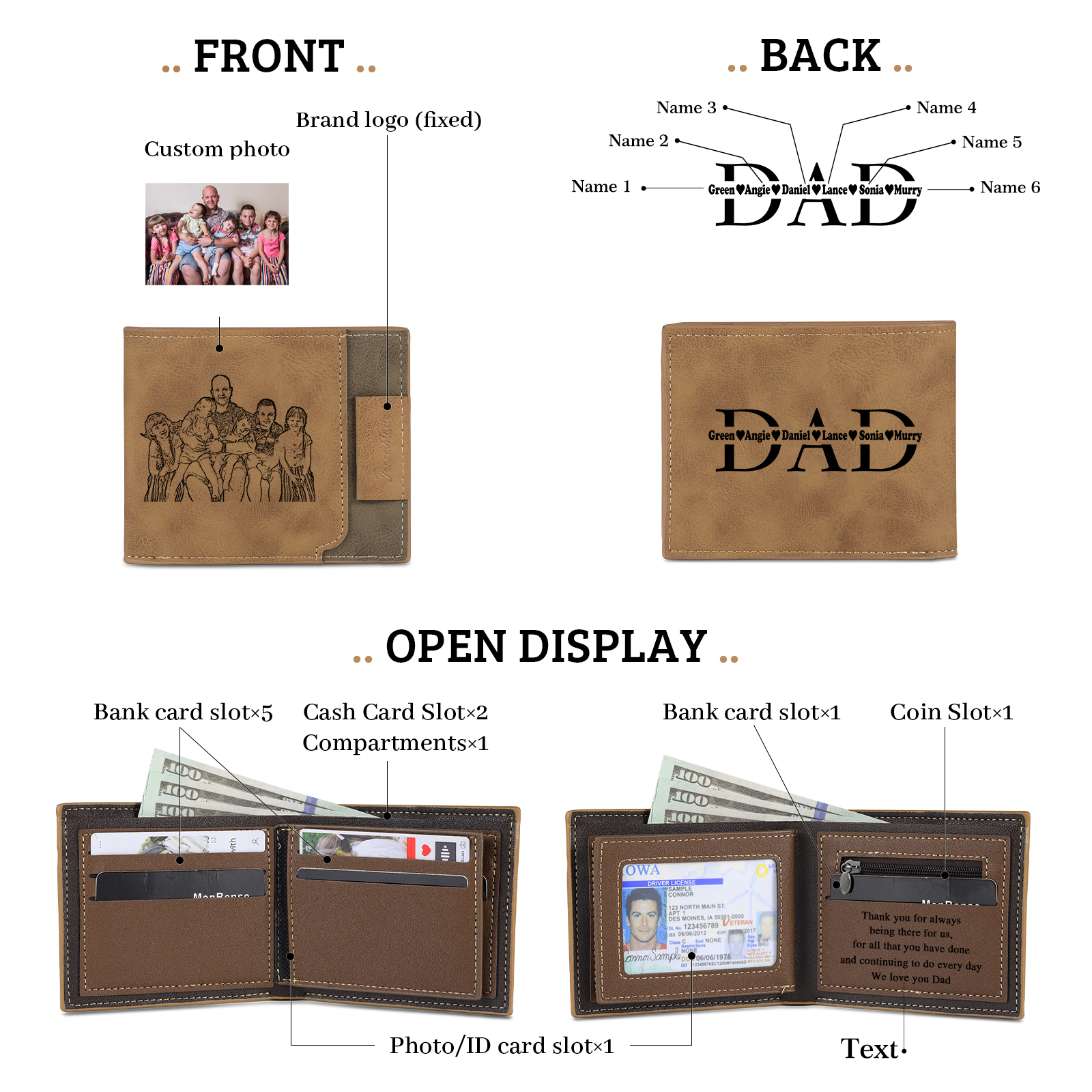 6 Names - Personalised Photo Custom Leather Men's Wallet as a Father's Day Gift for Dad