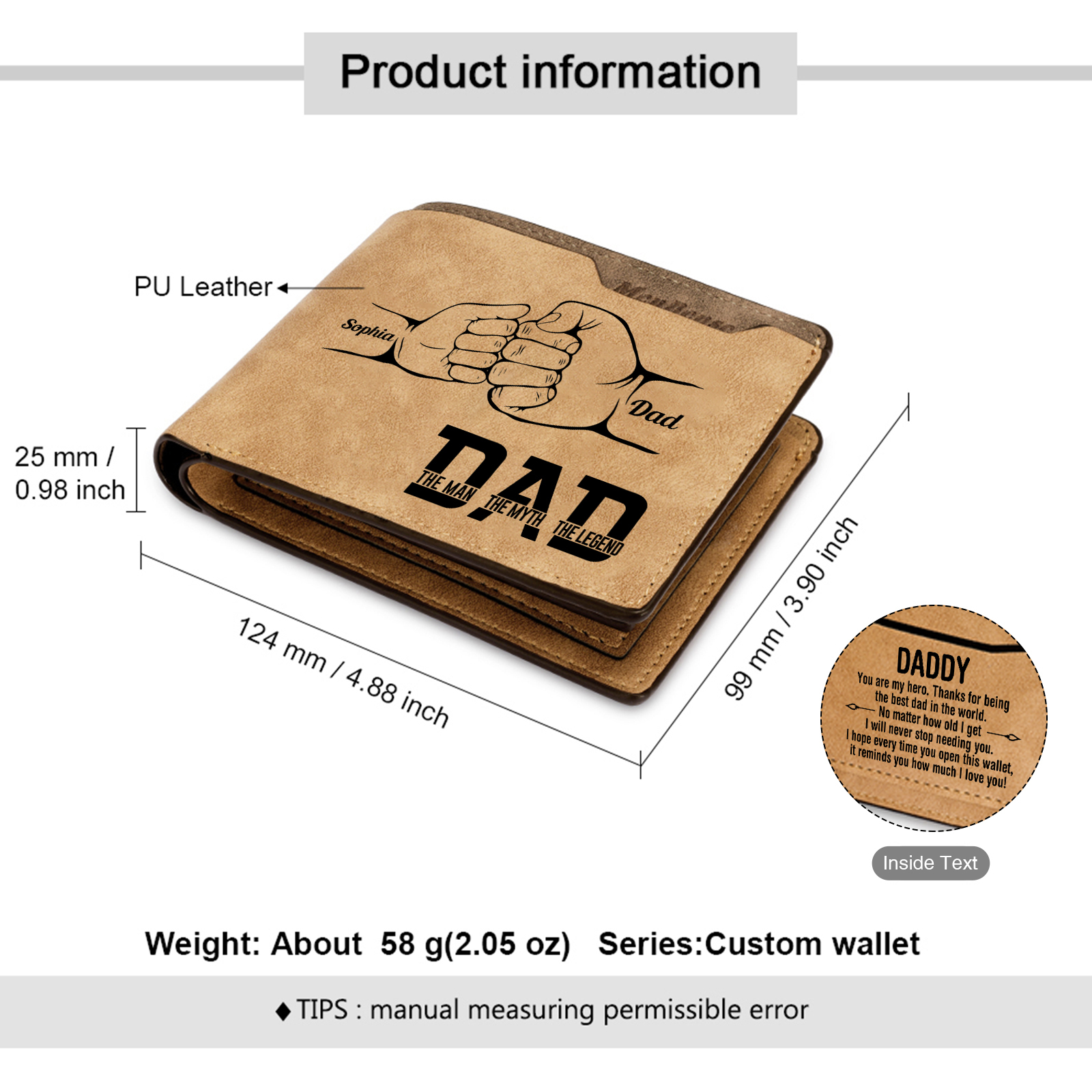 2 Names - Personalised Fist Bump Pattern Custom Name Leather Men's Wallet as a Father's Day Gift for Dad