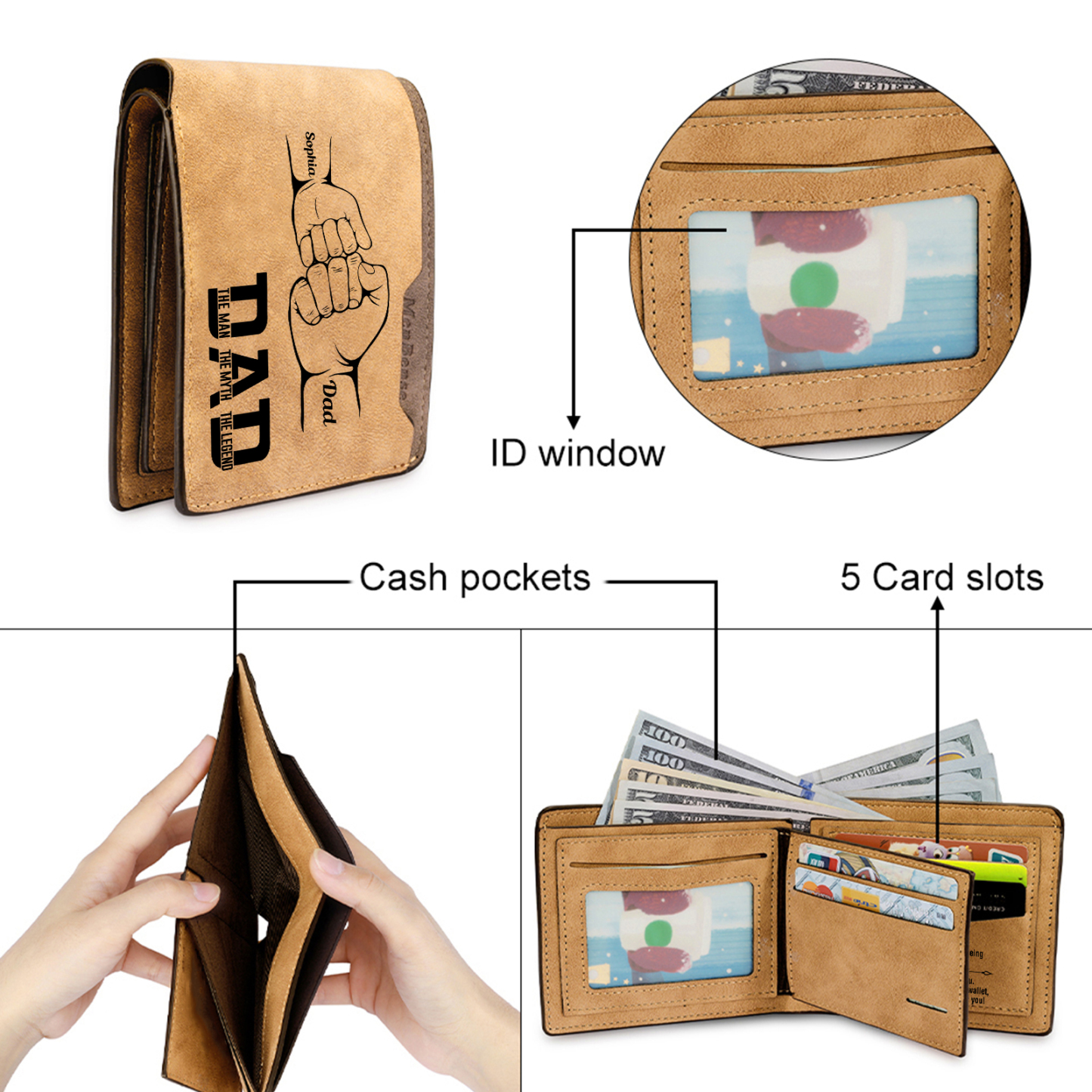 2 Names - Personalised Fist Bump Pattern Custom Name Leather Men's Wallet as a Father's Day Gift for Dad