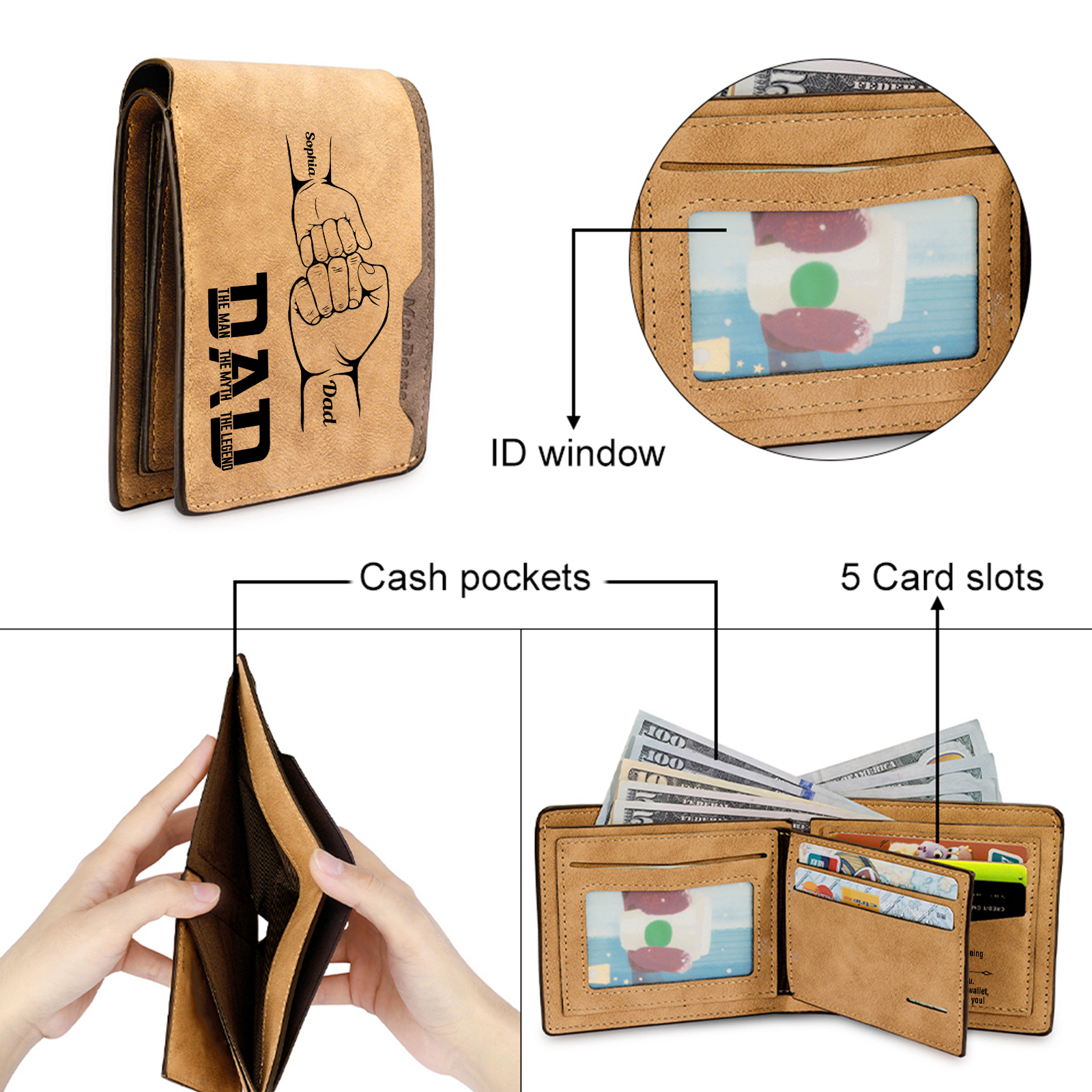 2 Names - Personalised Fist Bump Pattern Custom Name Leather Men's Wallet as a Father's Day Gift for Dad