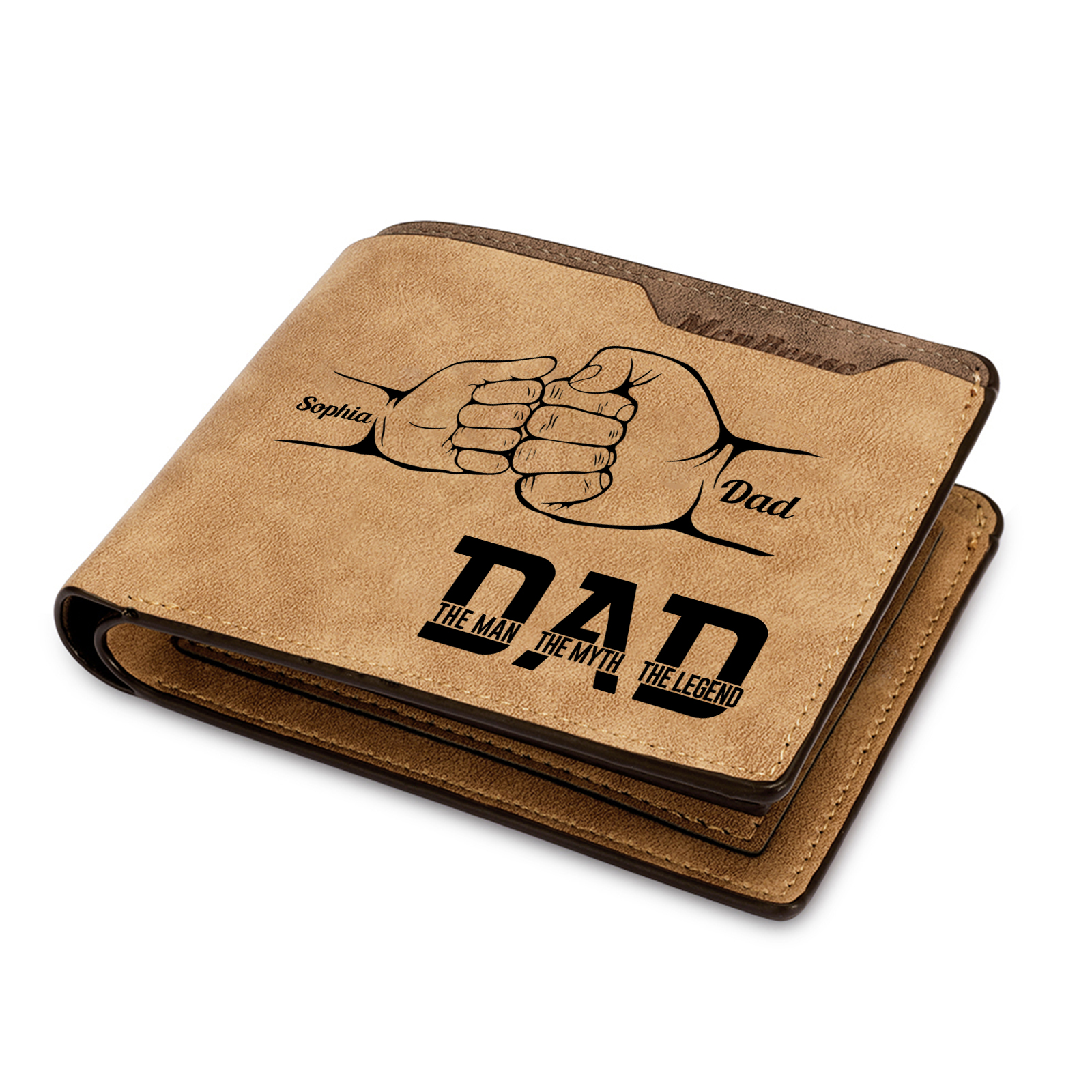 2 Names - Personalised Fist Bump Pattern Custom Name Leather Men's Wallet as a Father's Day Gift for Dad