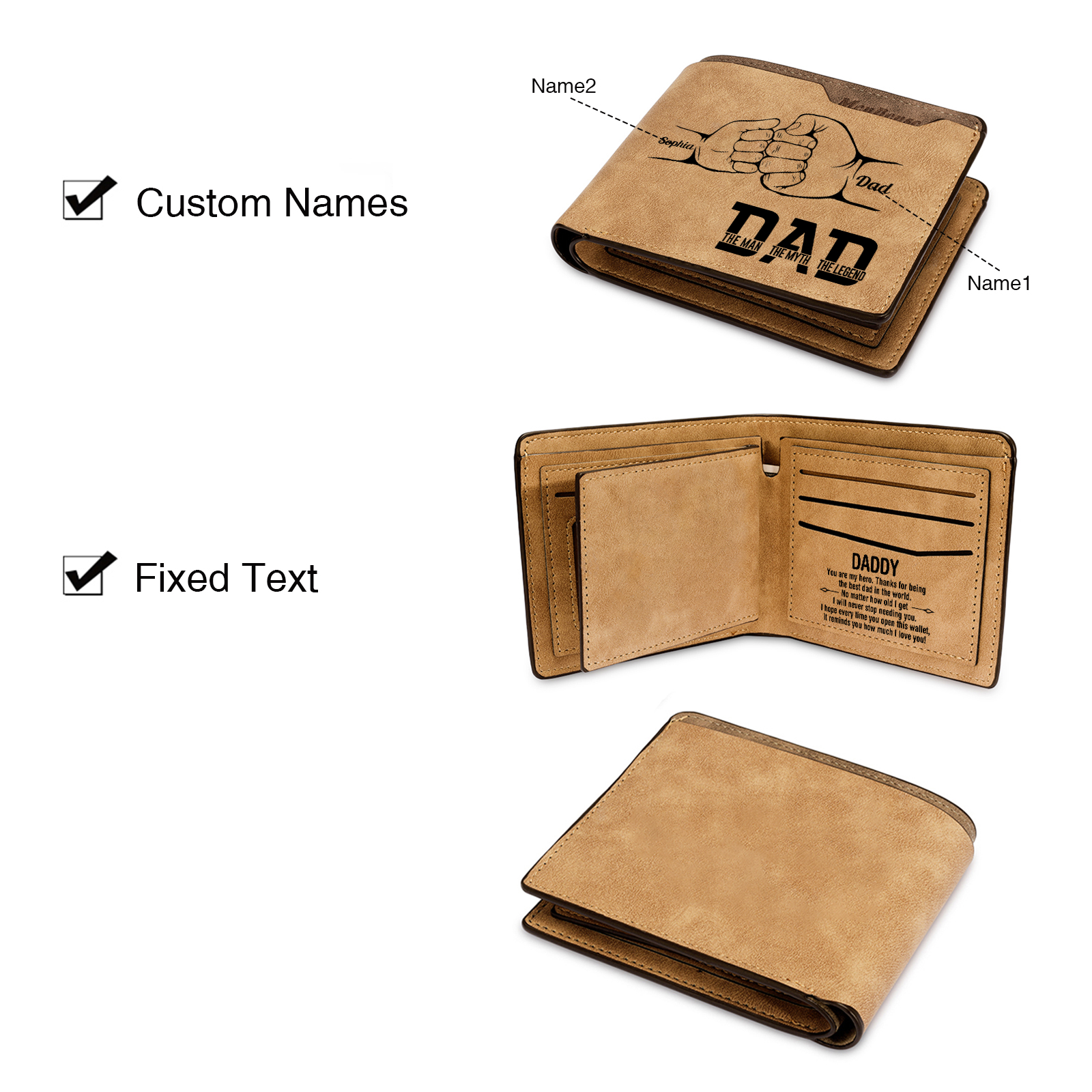 2 Names - Personalised Fist Bump Pattern Custom Name Leather Men's Wallet as a Father's Day Gift for Dad