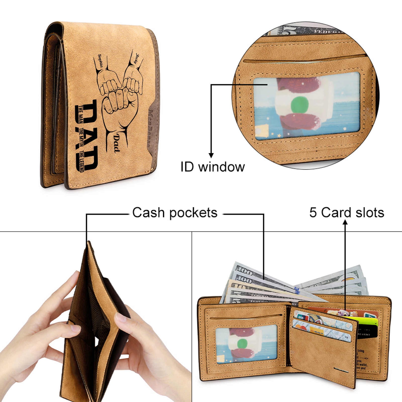 3 Names - Personalised Fist Bump Pattern Custom Name Leather Men's Wallet as a Father's Day Gift for Dad