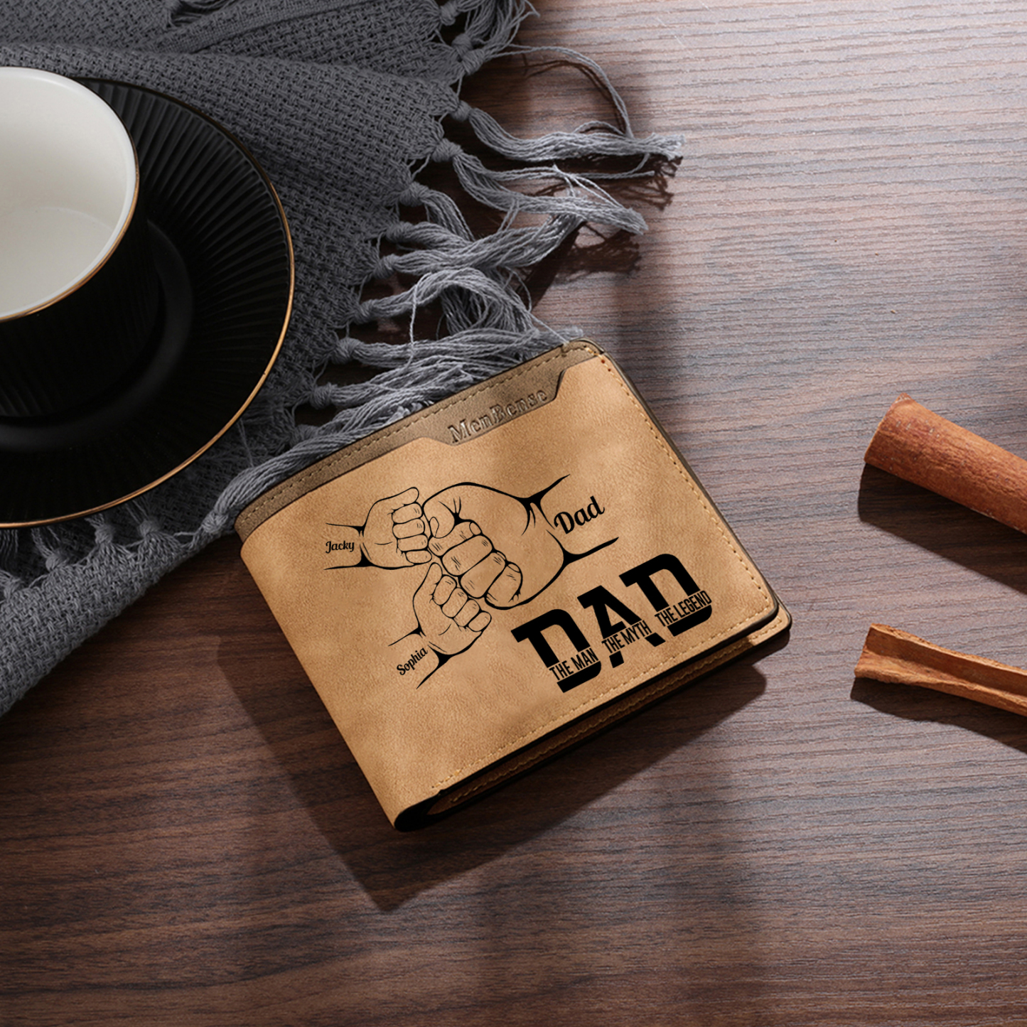 3 Names - Personalised Fist Bump Pattern Custom Name Leather Men's Wallet as a Father's Day Gift for Dad