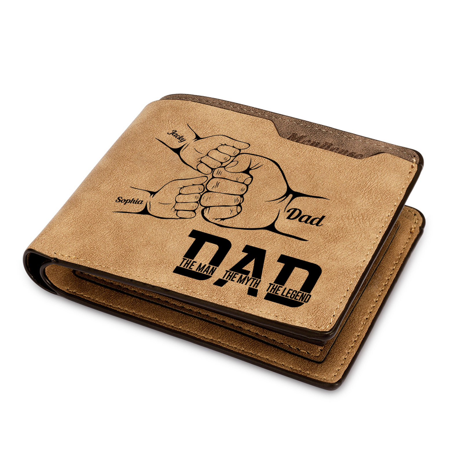 3 Names - Personalised Fist Bump Pattern Custom Name Leather Men's Wallet as a Father's Day Gift for Dad