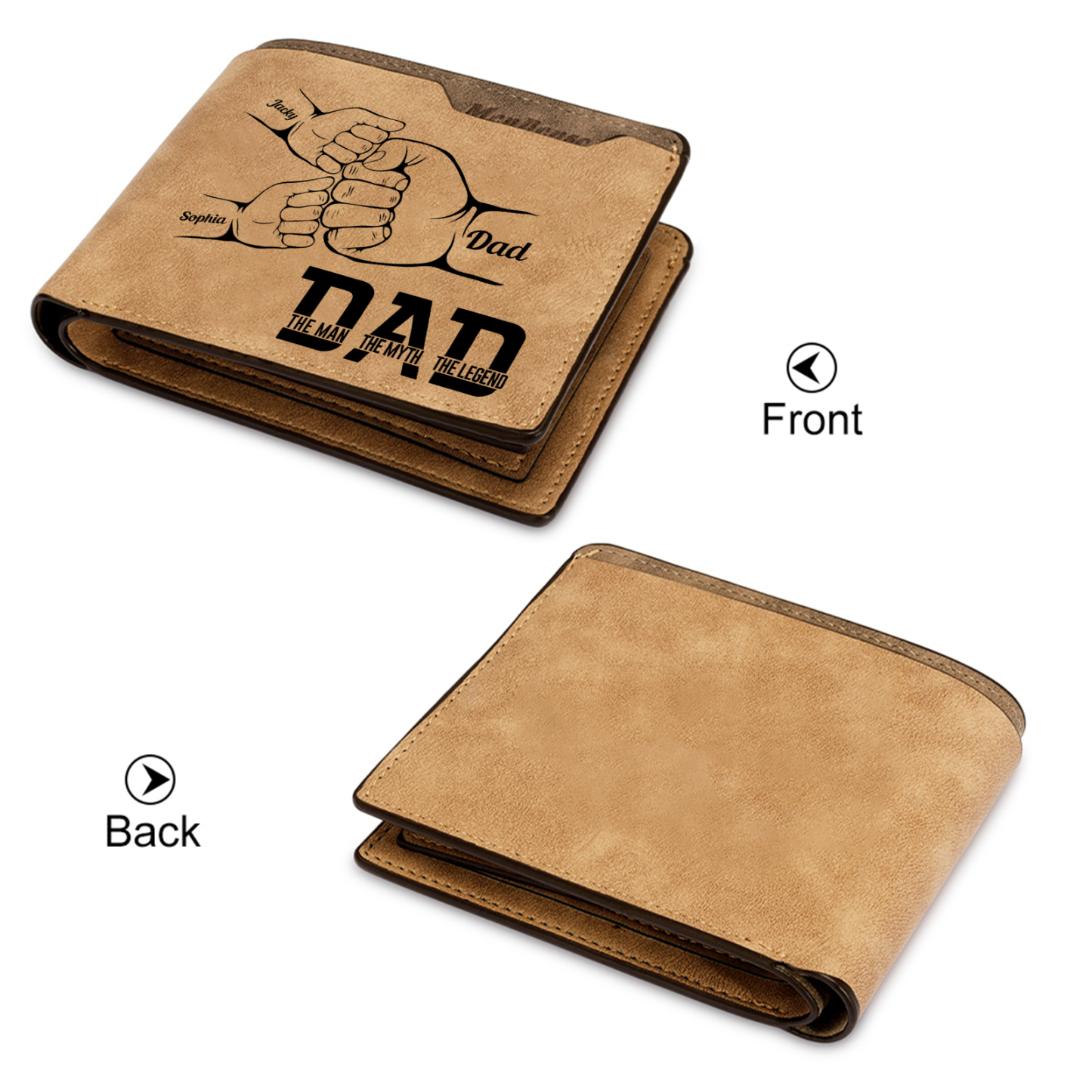 3 Names - Personalised Fist Bump Pattern Custom Name Leather Men's Wallet as a Father's Day Gift for Dad