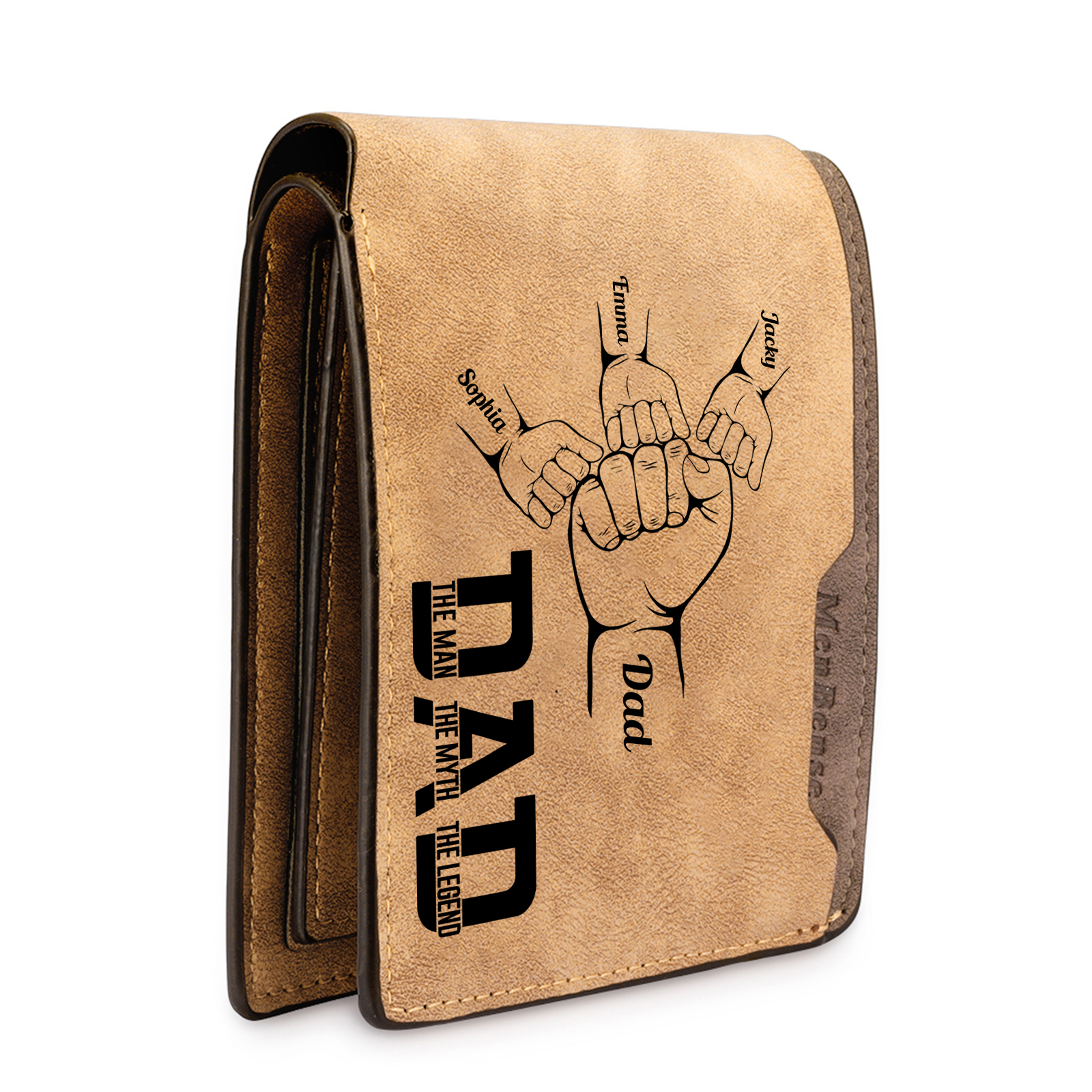 4 Names - Personalised Fist Bump Pattern Custom Name Leather Men's Wallet as a Father's Day Gift for Dad