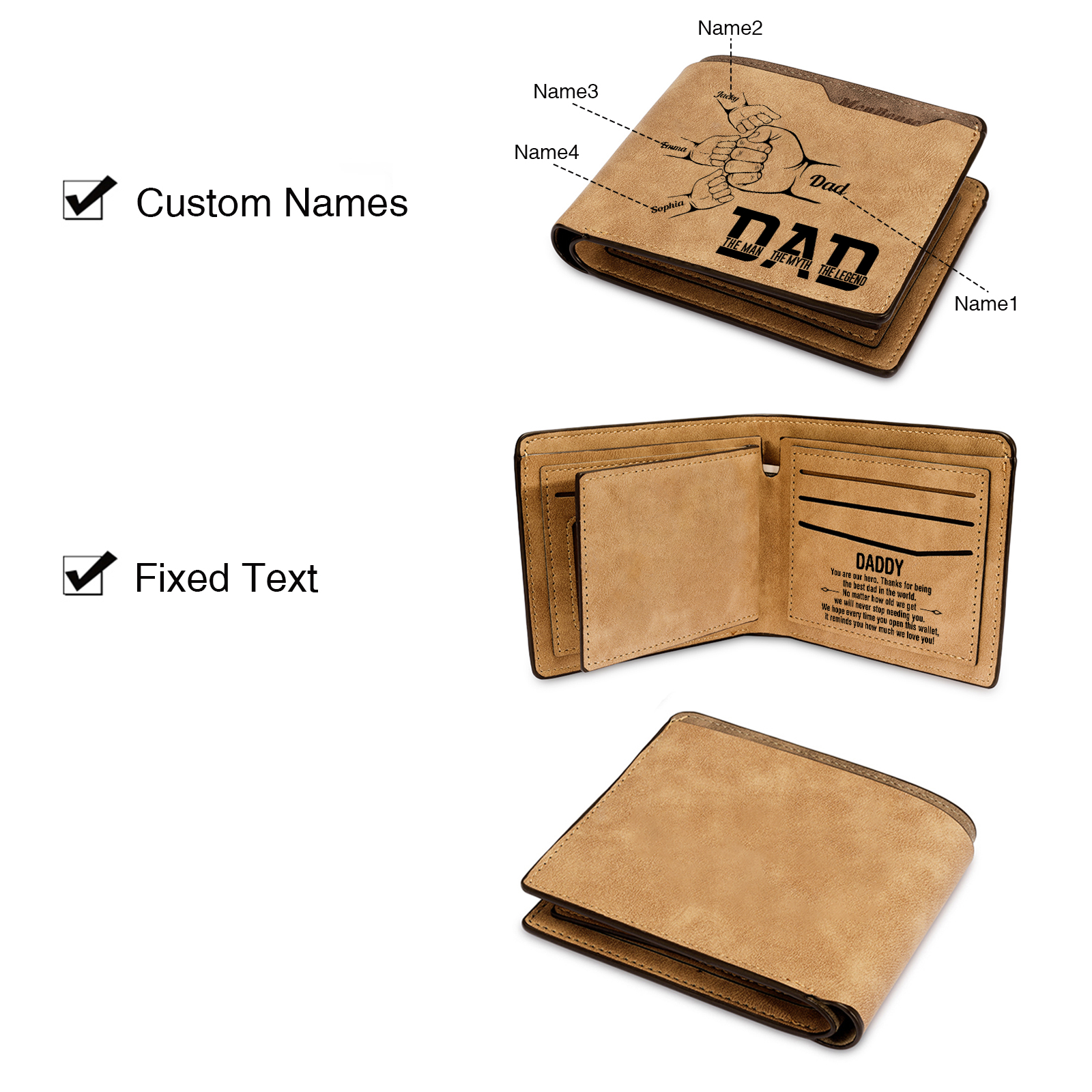 4 Names - Personalised Fist Bump Pattern Custom Name Leather Men's Wallet as a Father's Day Gift for Dad