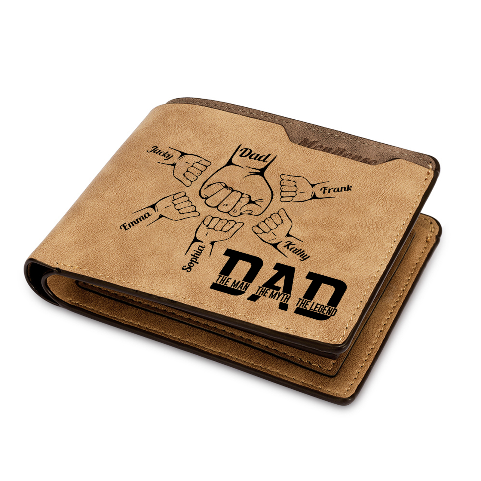 6 Names - Personalised Fist Bump Pattern Custom Name Leather Men's Wallet as a Father's Day Gift for Dad
