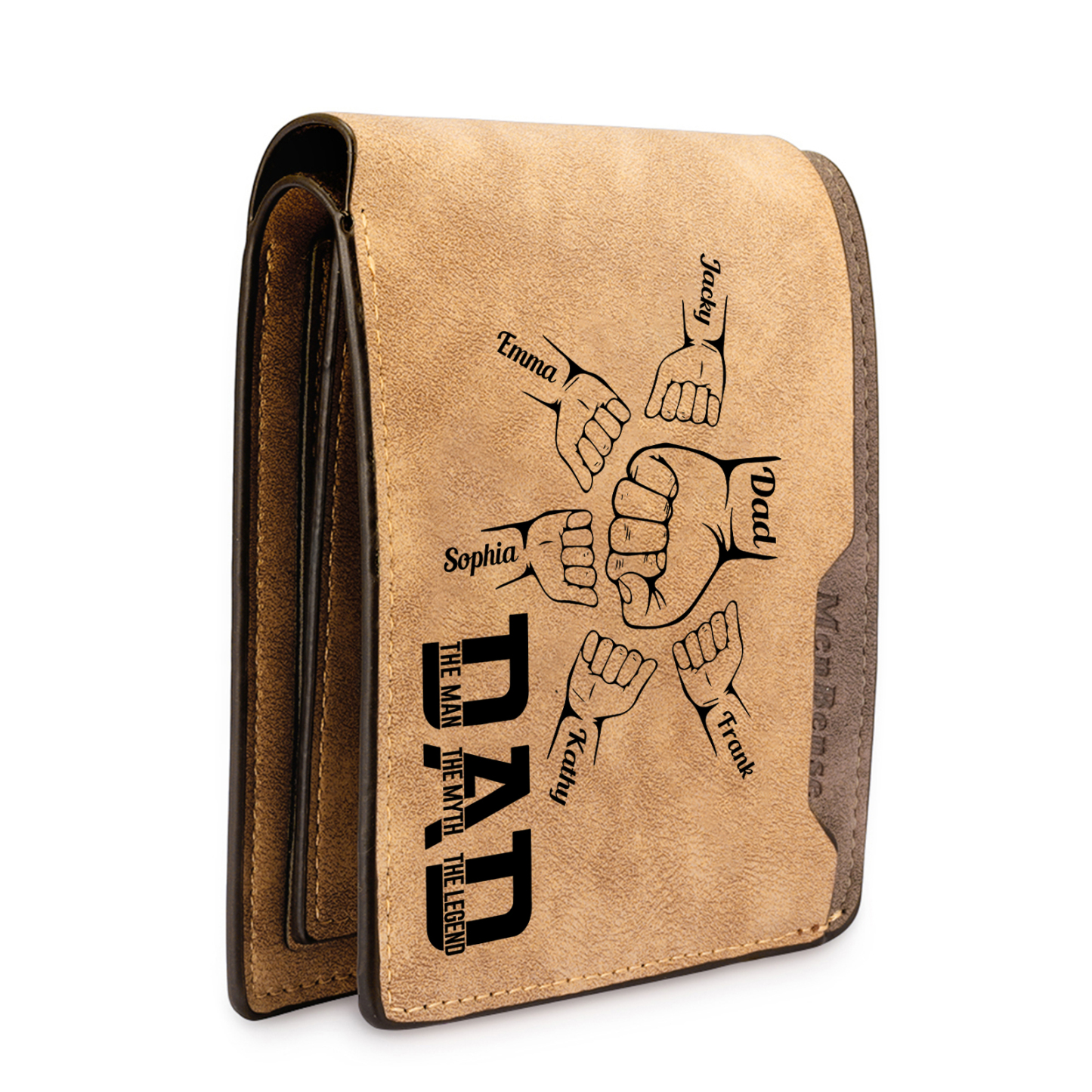6 Names - Personalised Fist Bump Pattern Custom Name Leather Men's Wallet as a Father's Day Gift for Dad