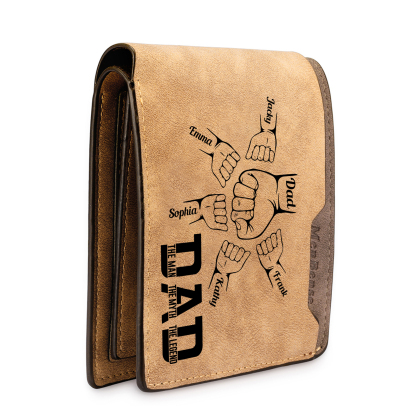 6 Names - Personalised Fist Bump Pattern Custom Name Leather Men's Wallet as a Father's Day Gift for Dad