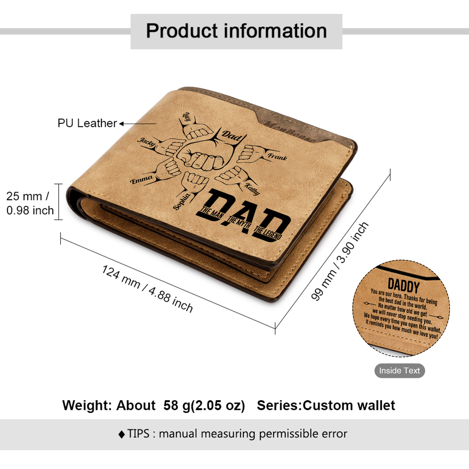 7 Names - Personalised Fist Bump Pattern Custom Name Leather Men's Wallet as a Father's Day Gift for Dad