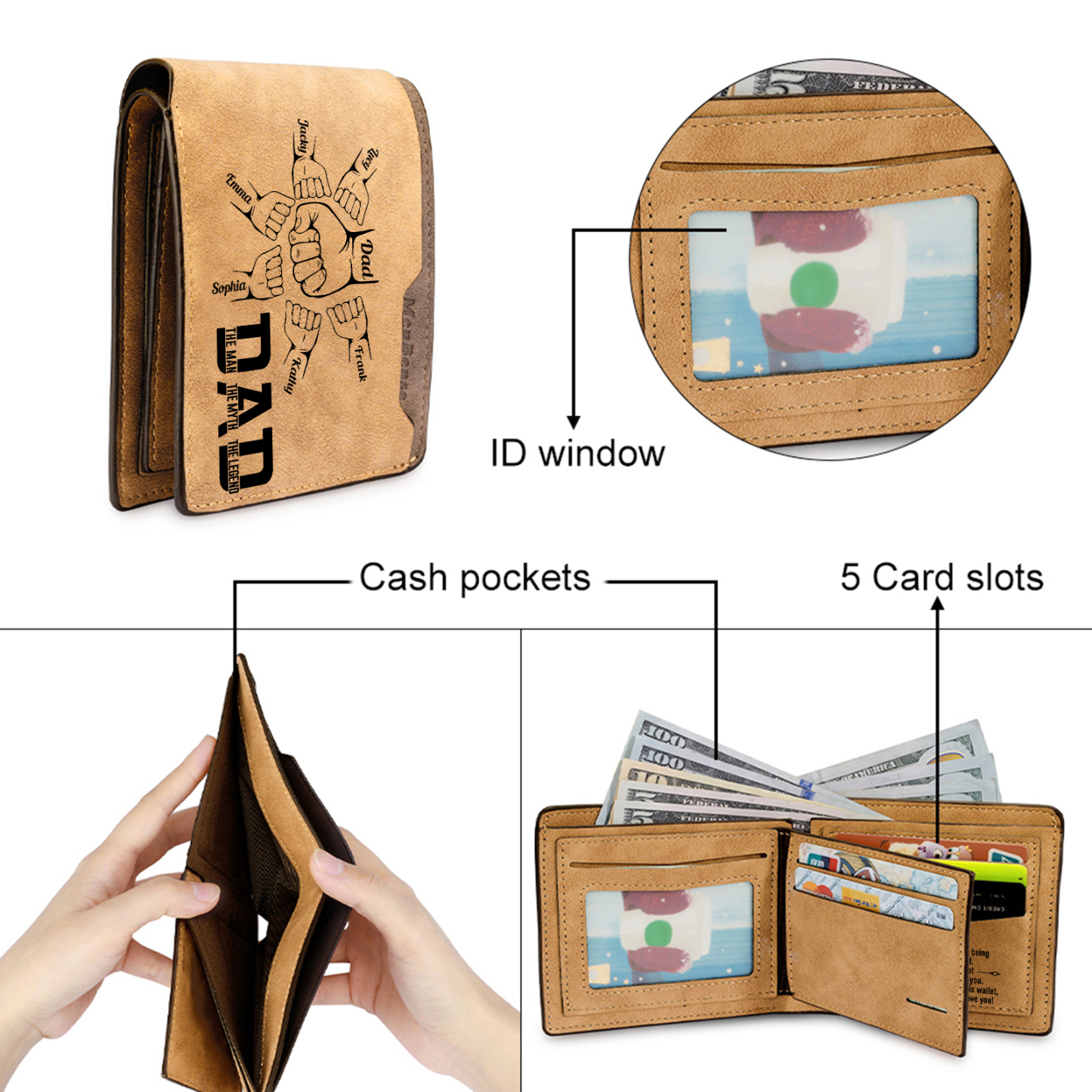 7 Names - Personalised Fist Bump Pattern Custom Name Leather Men's Wallet as a Father's Day Gift for Dad