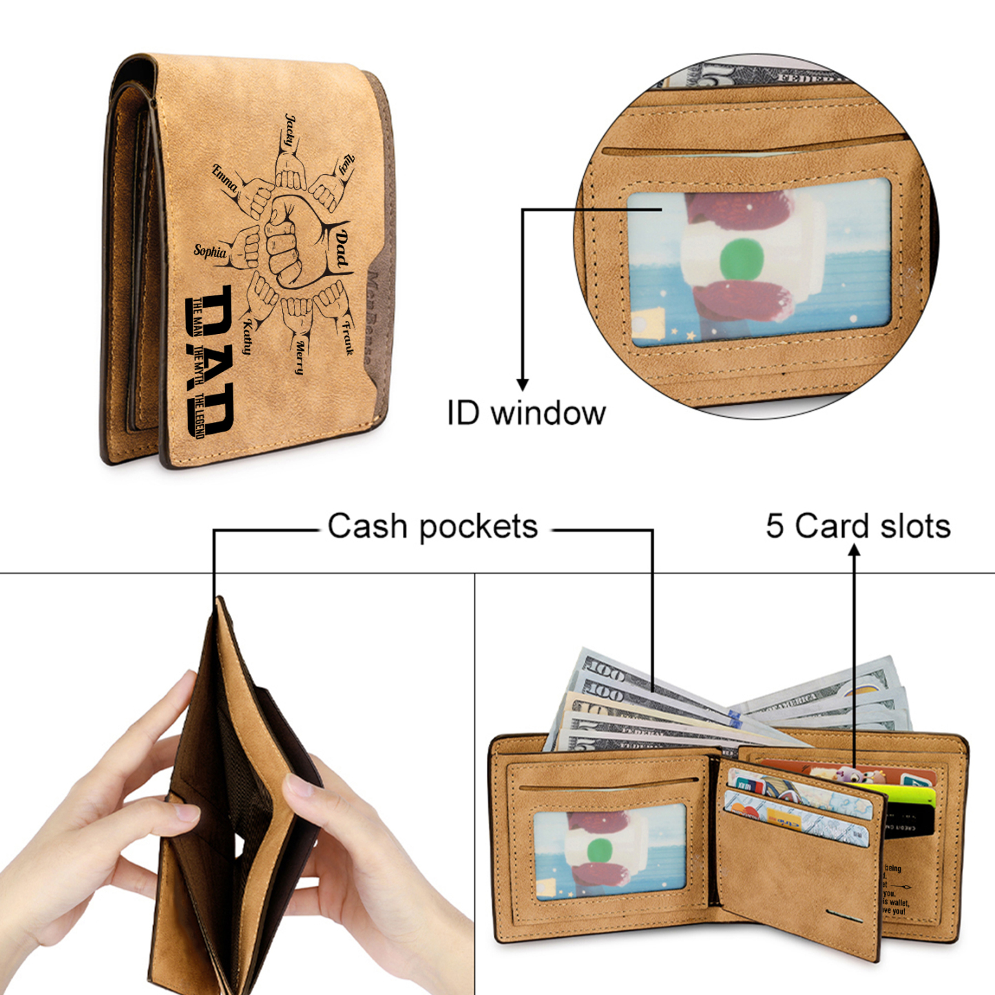 8 Names - Personalised Fist Bump Pattern Custom Name Leather Men's Wallet as a Father's Day Gift for Dad