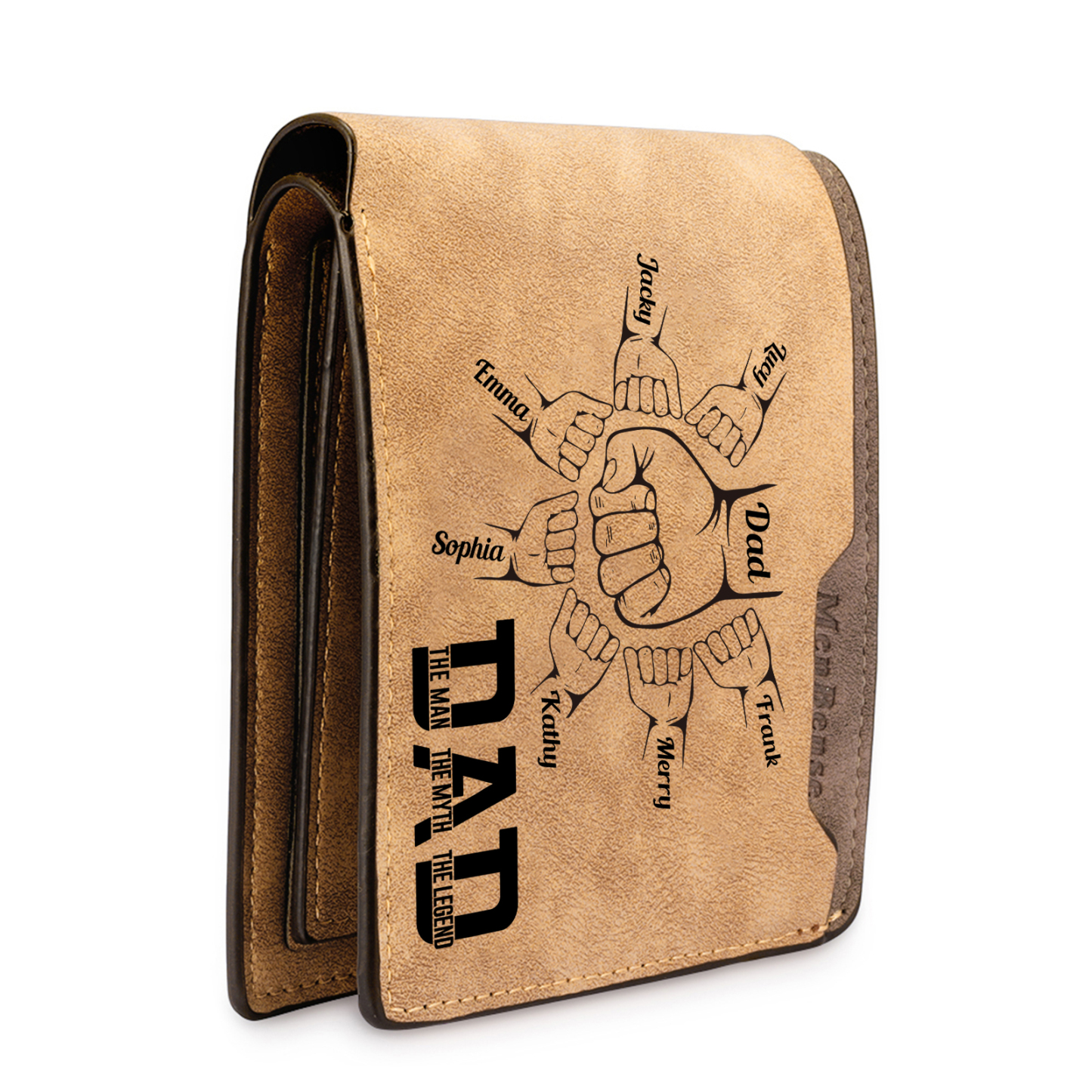 8 Names - Personalised Fist Bump Pattern Custom Name Leather Men's Wallet as a Father's Day Gift for Dad