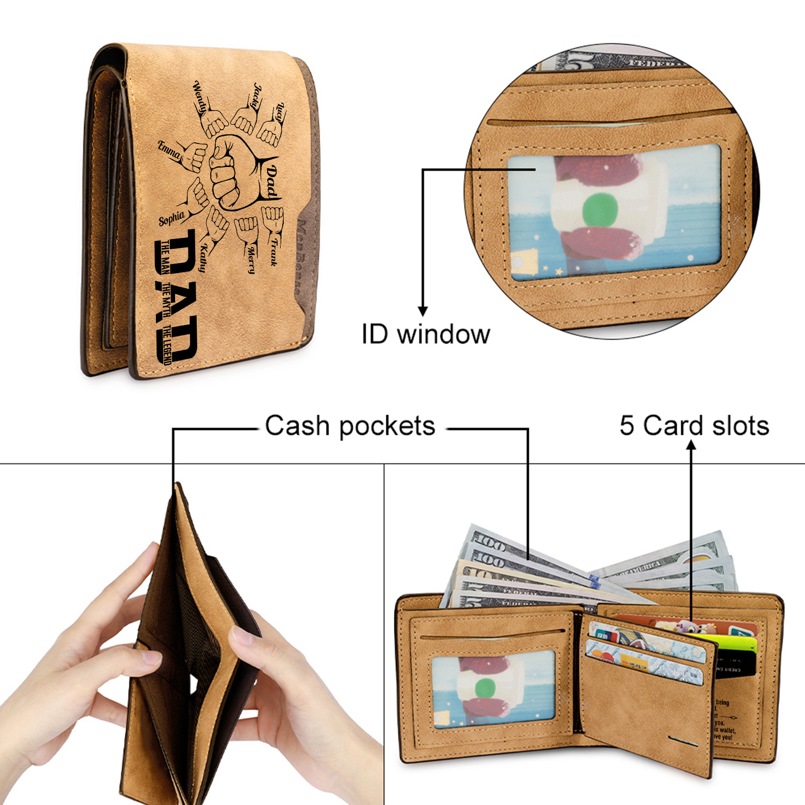 9 Names - Personalised Fist Bump Pattern Custom Name Leather Men's Wallet as a Father's Day Gift for Dad