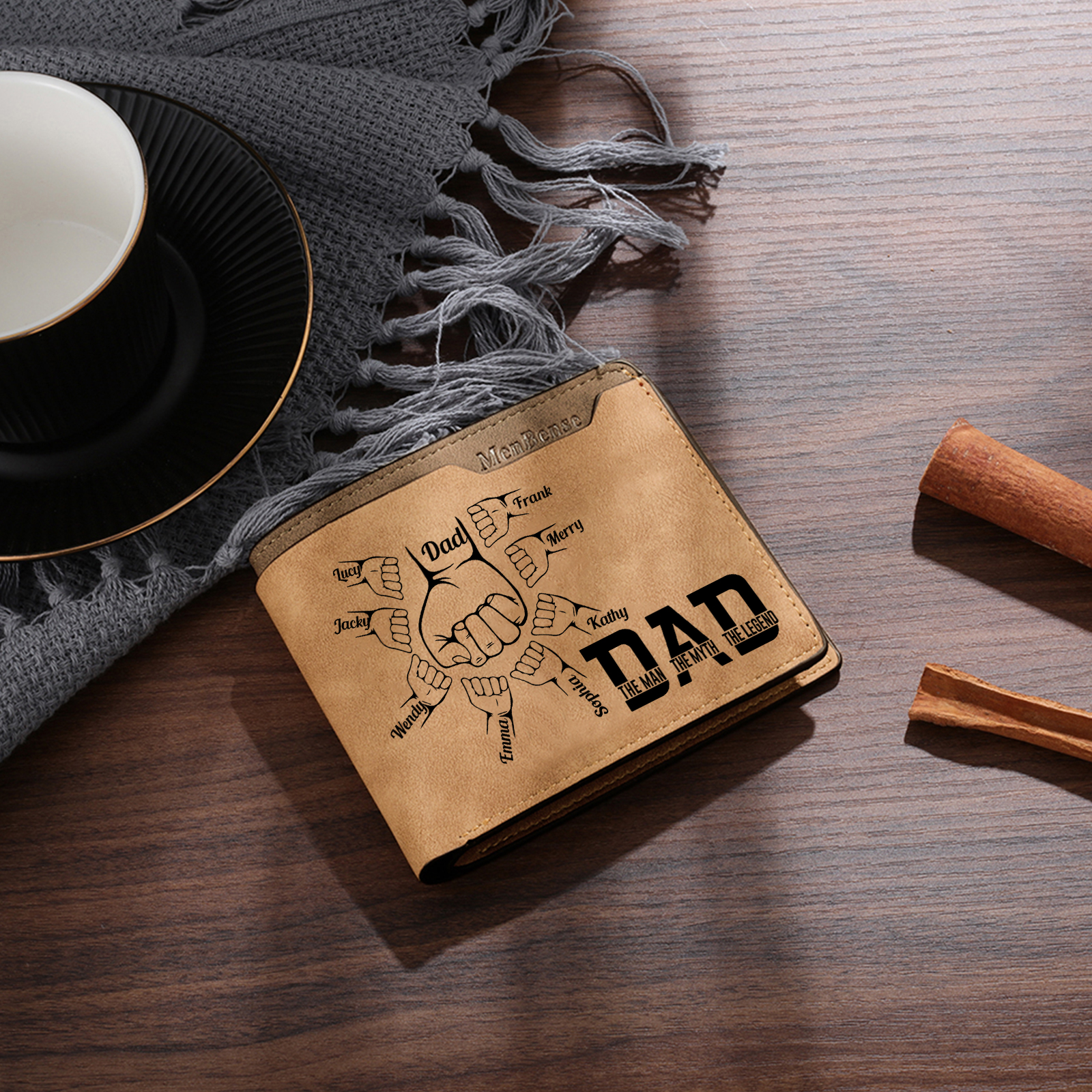 9 Names - Personalised Fist Bump Pattern Custom Name Leather Men's Wallet as a Father's Day Gift for Dad