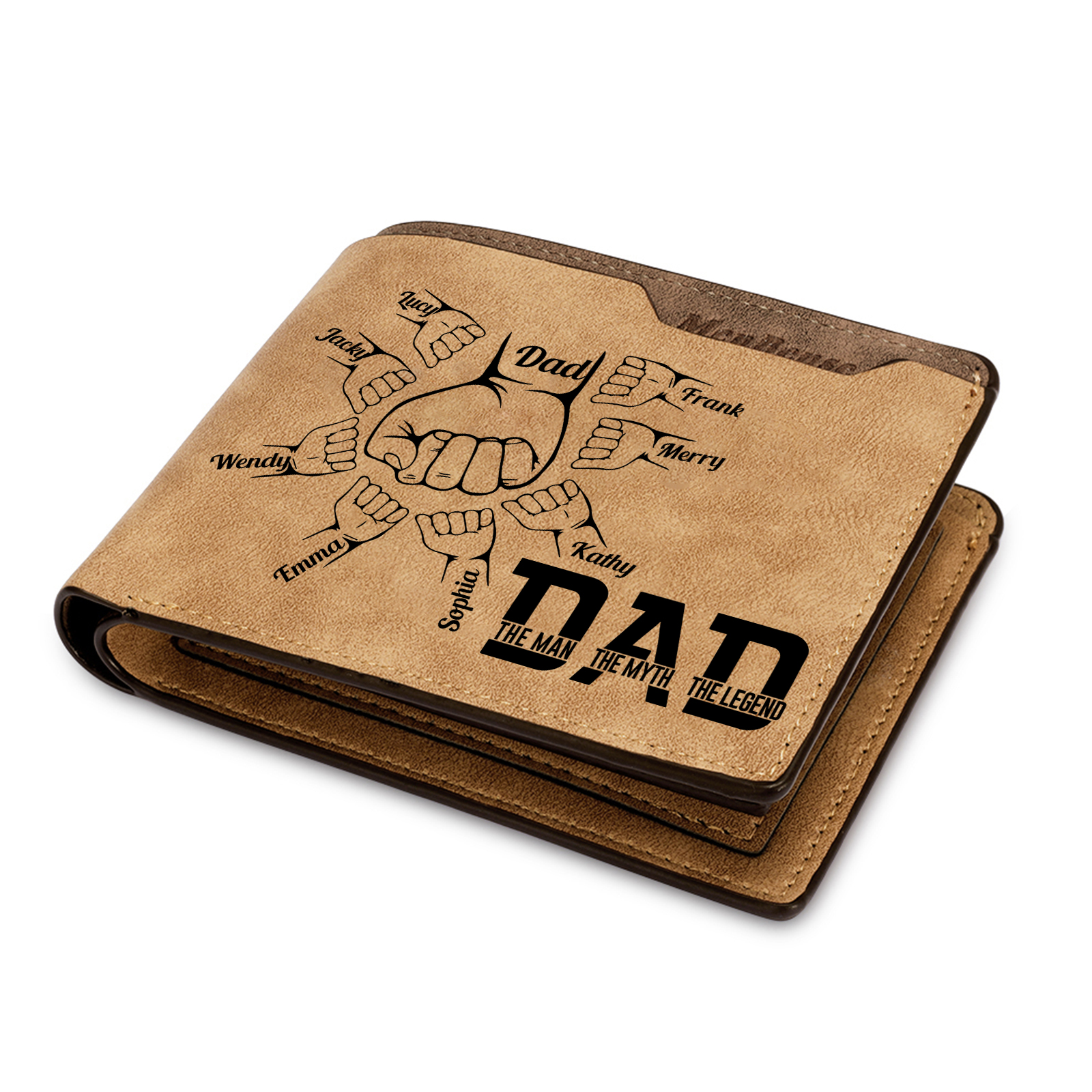 9 Names - Personalised Fist Bump Pattern Custom Name Leather Men's Wallet as a Father's Day Gift for Dad
