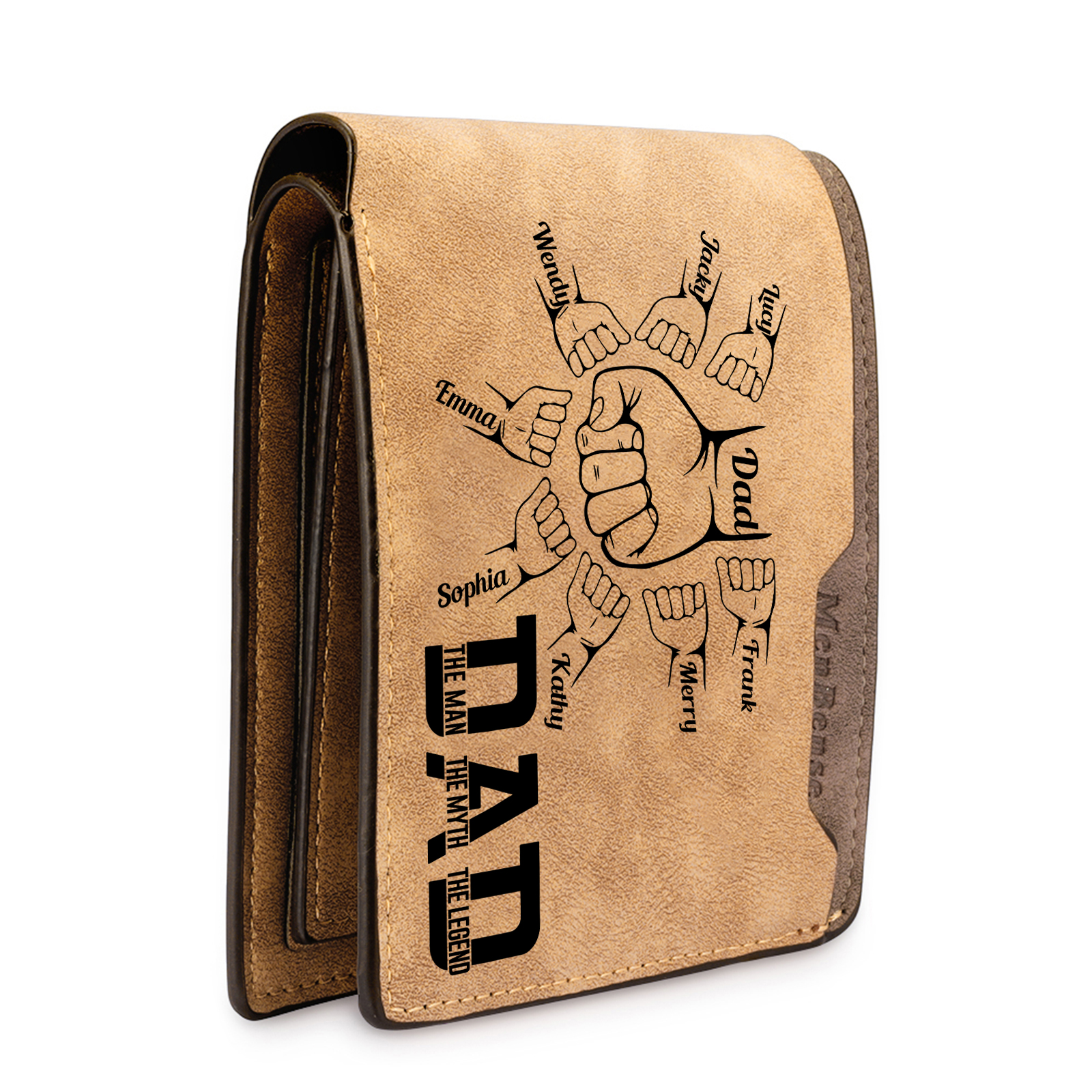 9 Names - Personalised Fist Bump Pattern Custom Name Leather Men's Wallet as a Father's Day Gift for Dad