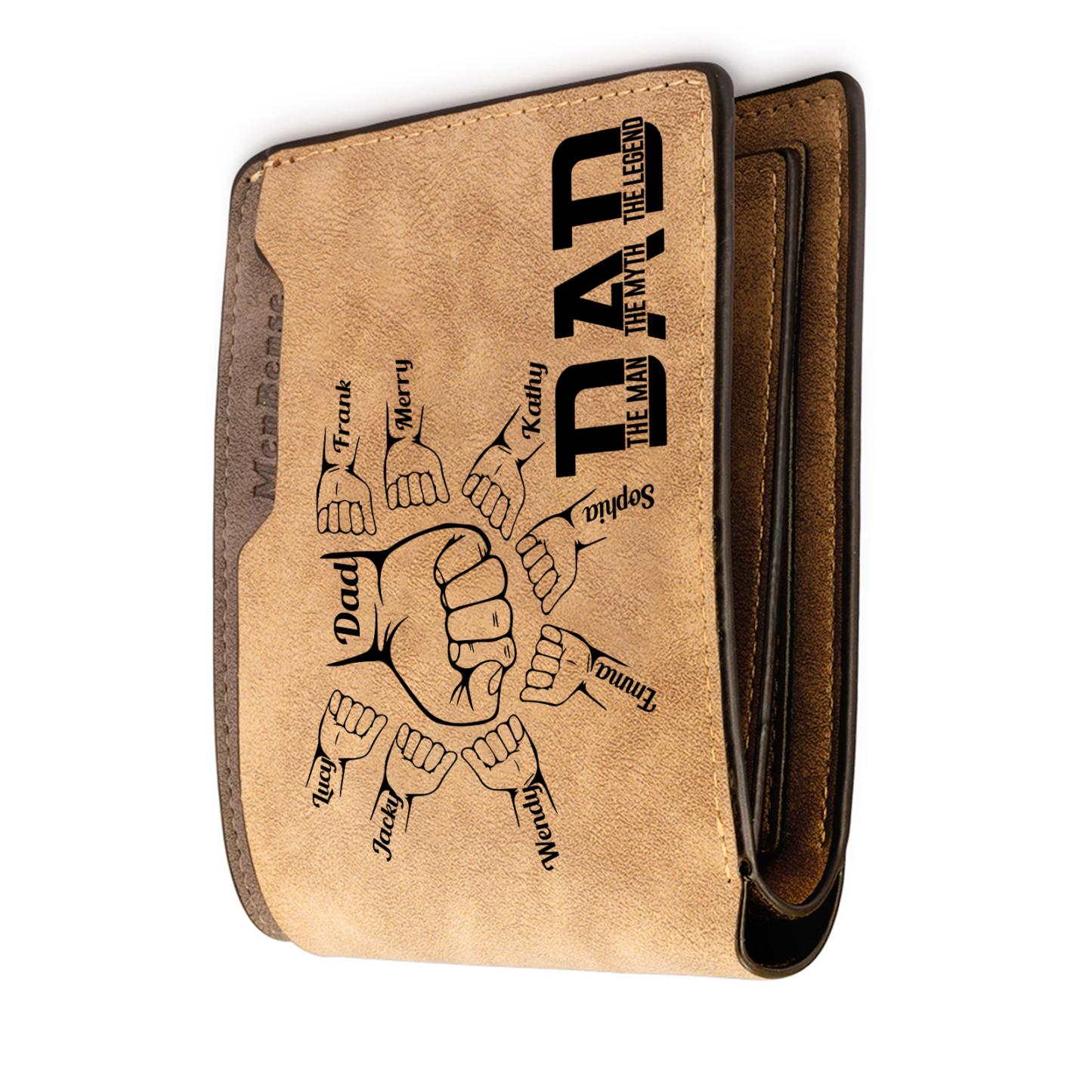 9 Names - Personalised Fist Bump Pattern Custom Name Leather Men's Wallet as a Father's Day Gift for Dad