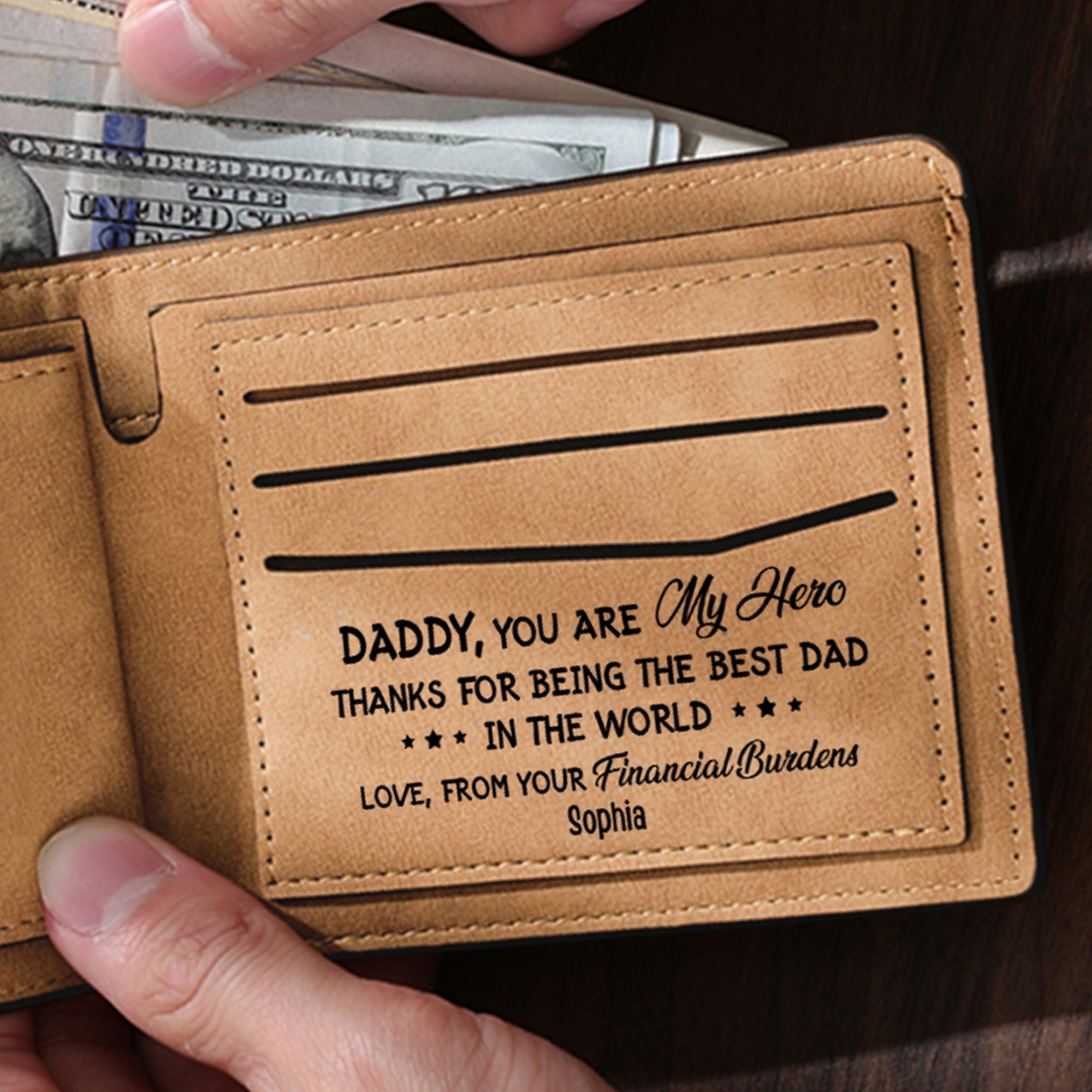 2 Names - Personalised Fist Bump Pattern Custom Text Leather Men's Wallet as a Father's Day Gift for Dad
