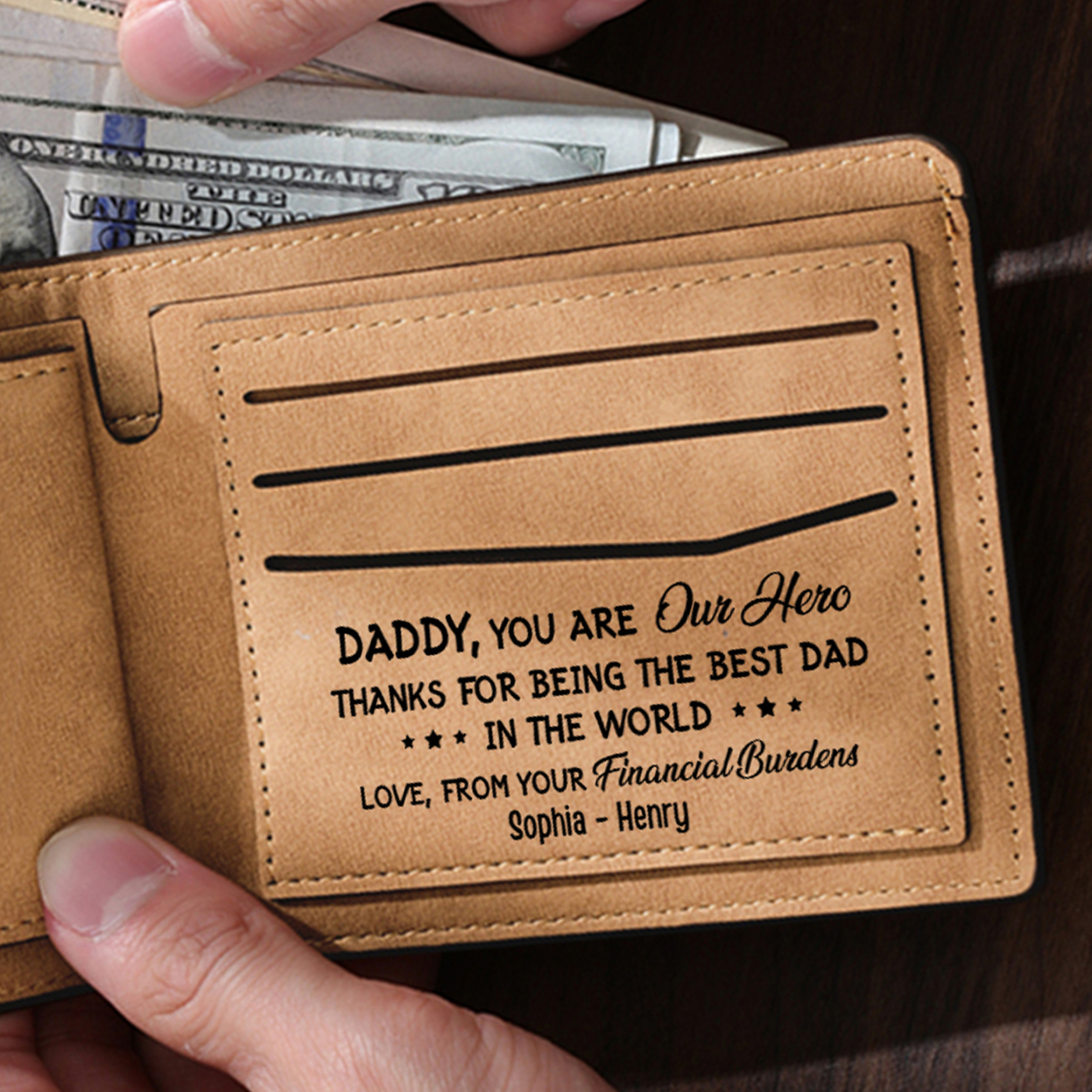 3 Names - Personalised Fist Bump Pattern Custom Text Leather Men's Wallet as a Father's Day Gift for Dad