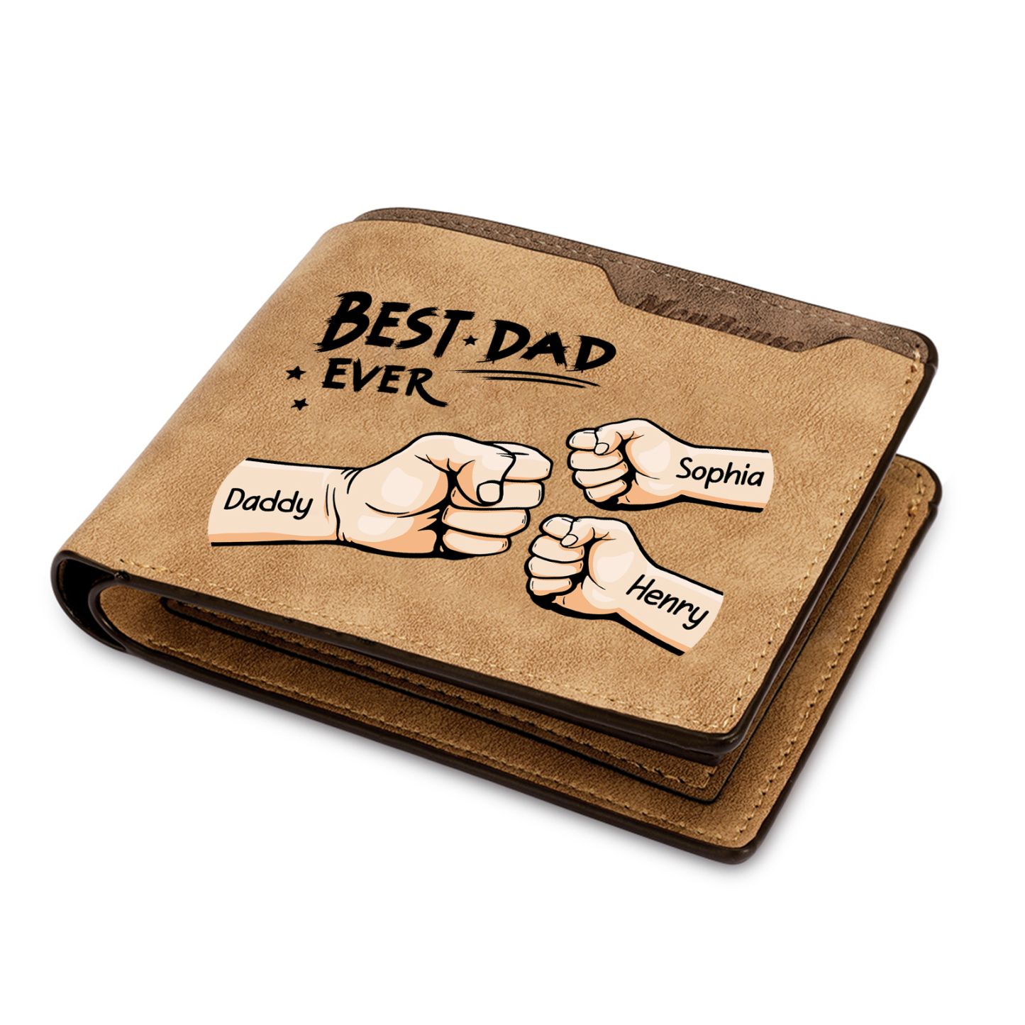 3 Names - Personalised Fist Bump Pattern Custom Text Leather Men's Wallet as a Father's Day Gift for Dad