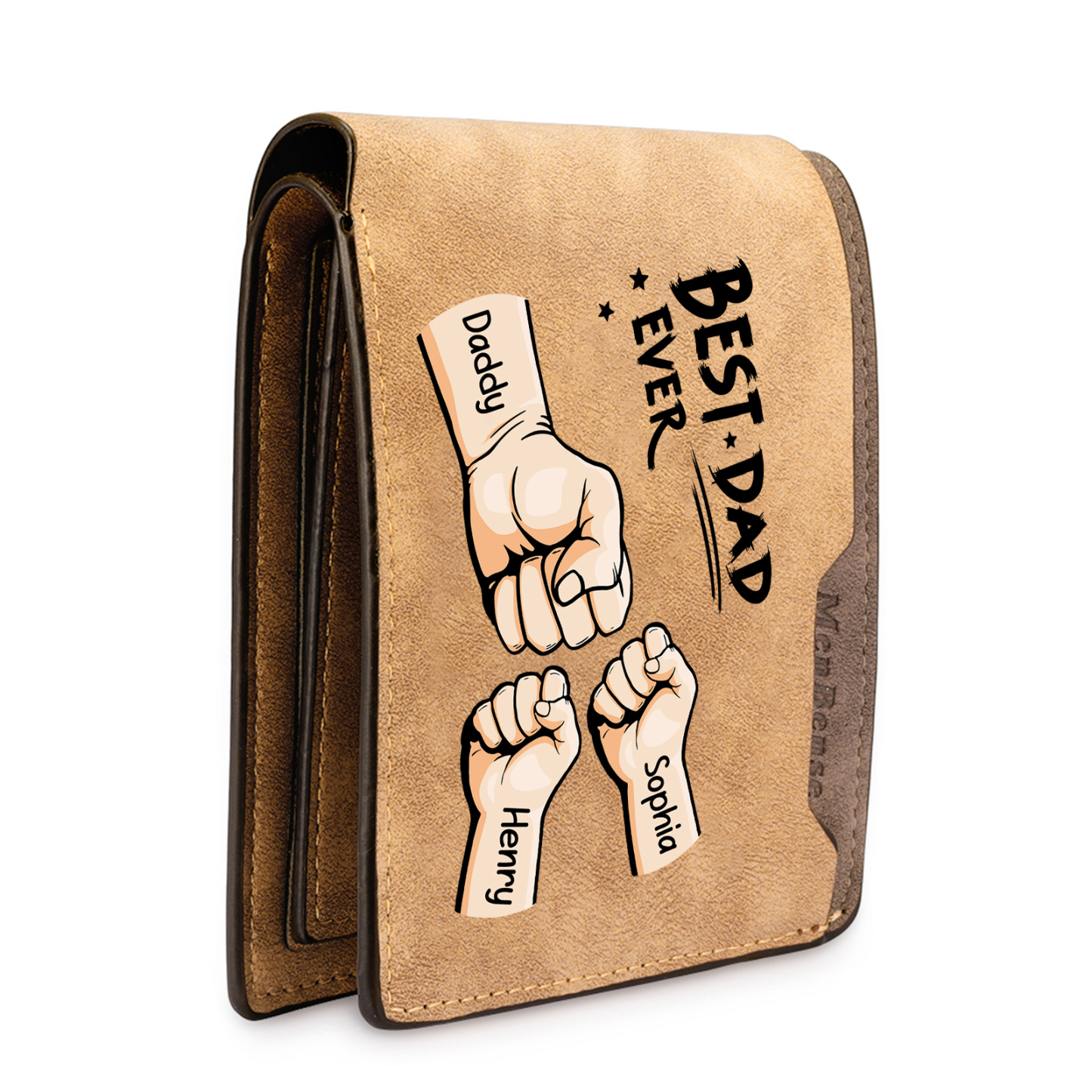 3 Names - Personalised Fist Bump Pattern Custom Text Leather Men's Wallet as a Father's Day Gift for Dad