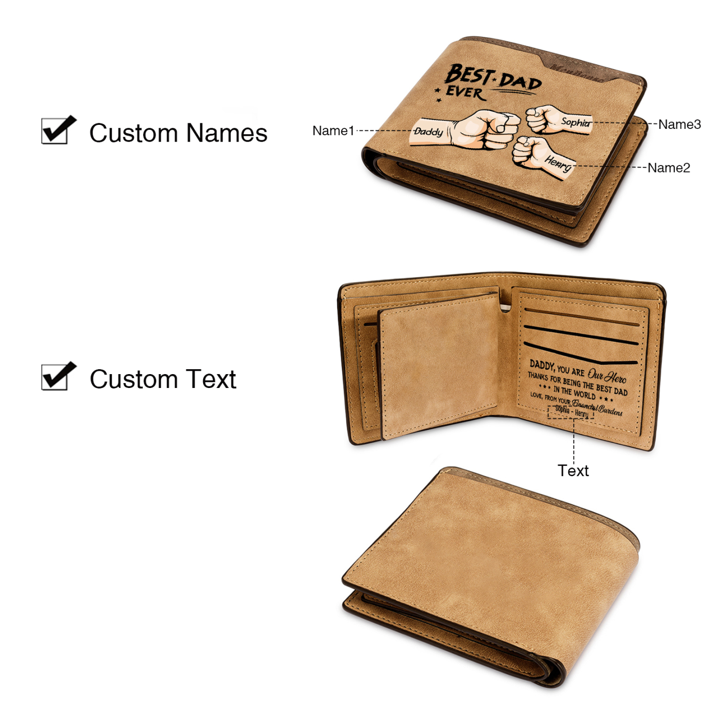 3 Names - Personalised Fist Bump Pattern Custom Text Leather Men's Wallet as a Father's Day Gift for Dad