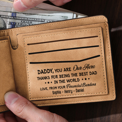 4 Names - Personalised Fist Bump Pattern Custom Text Leather Men's Wallet as a Father's Day Gift for Dad