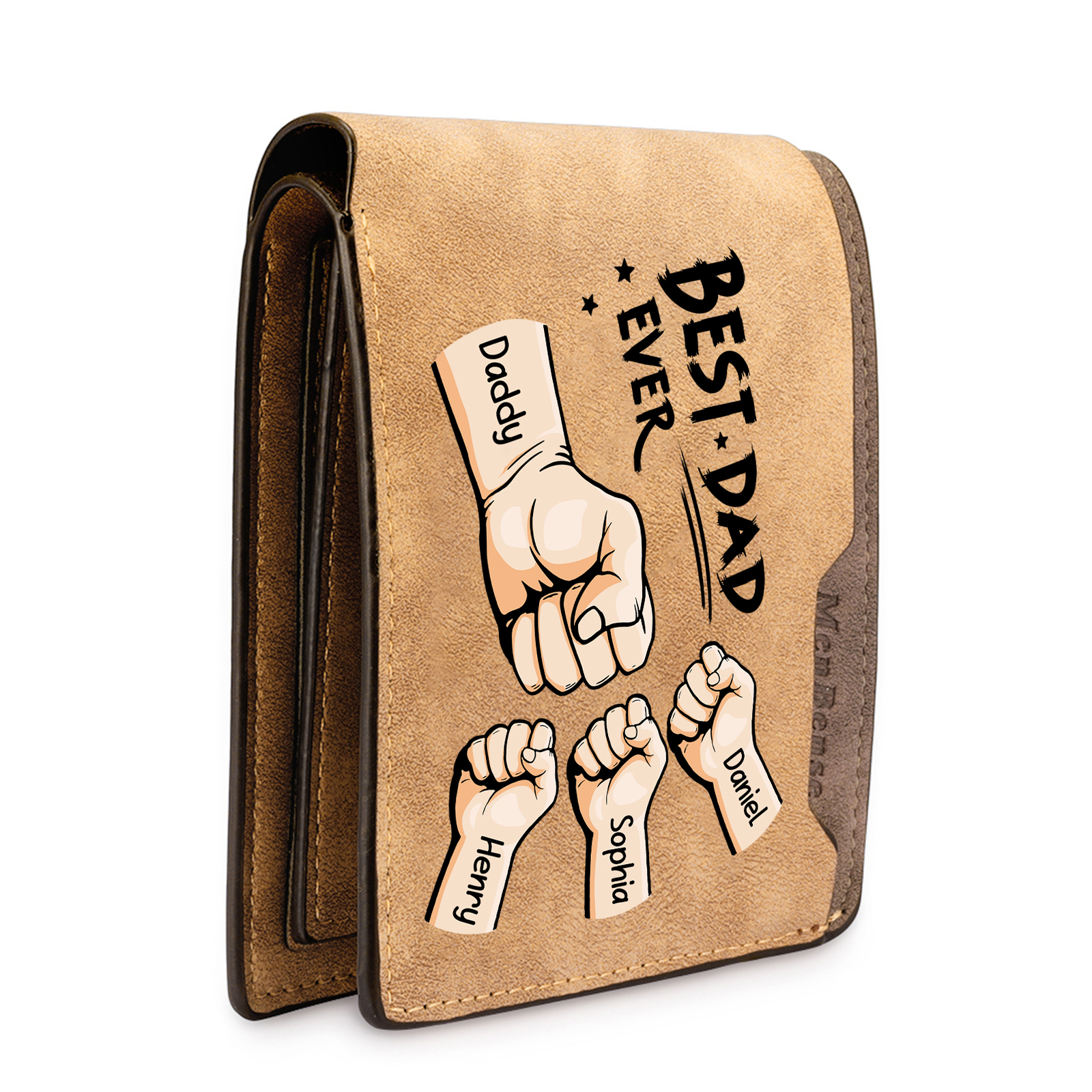 4 Names - Personalised Fist Bump Pattern Custom Text Leather Men's Wallet as a Father's Day Gift for Dad