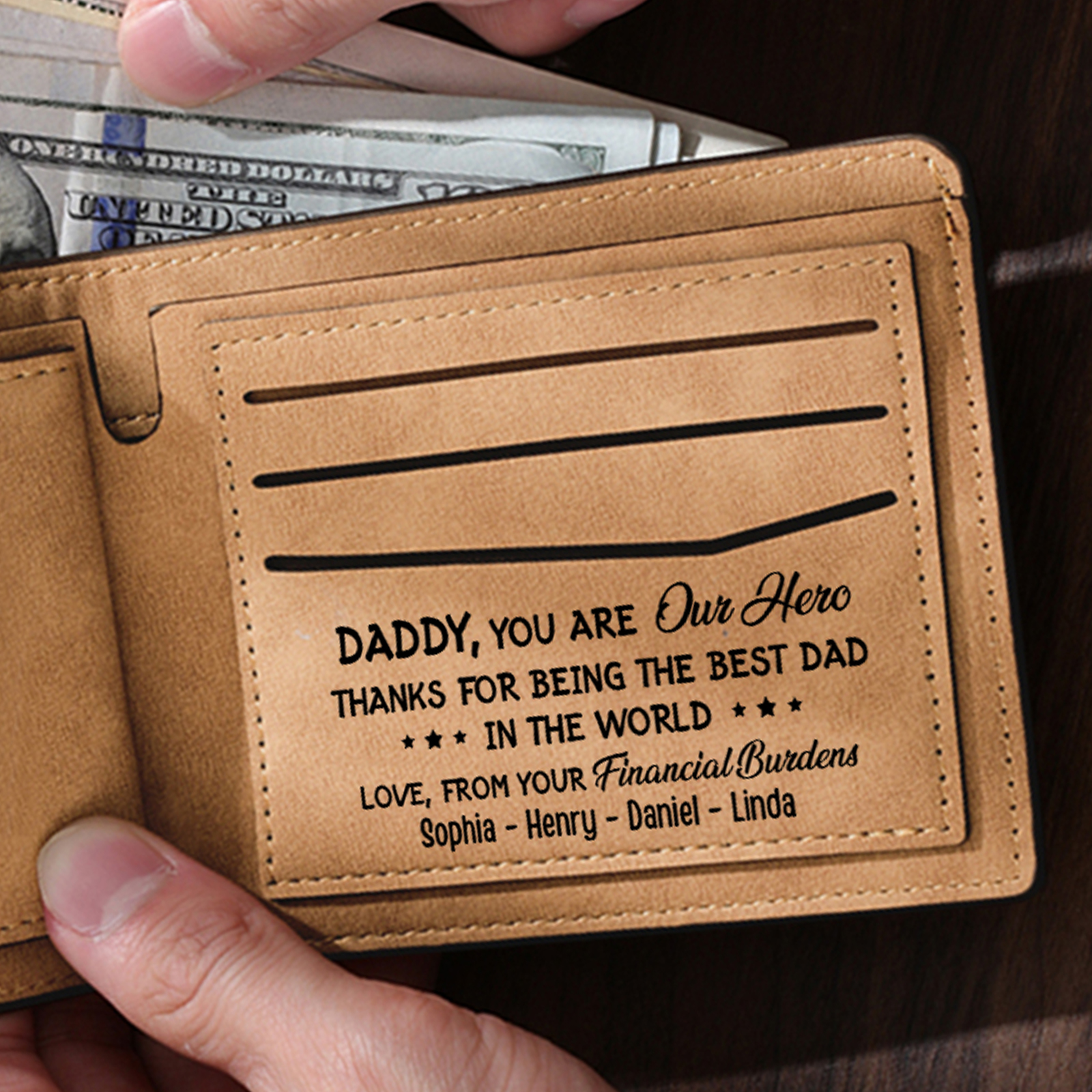 5 Names - Personalised Fist Bump Pattern Custom Text Leather Men's Wallet as a Father's Day Gift for Dad