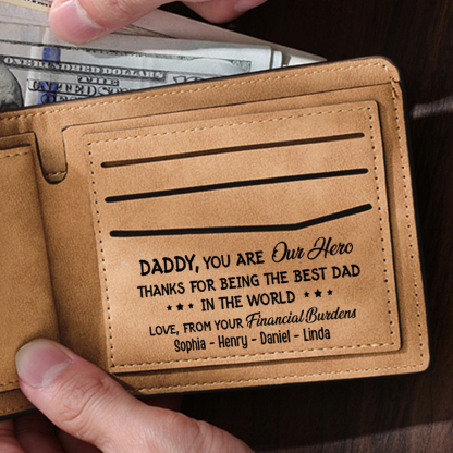 5 Names - Personalised Fist Bump Pattern Custom Text Leather Men's Wallet as a Father's Day Gift for Dad