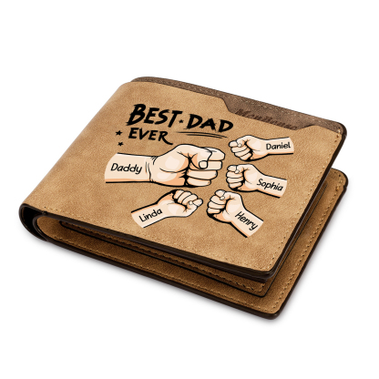 5 Names - Personalised Fist Bump Pattern Custom Text Leather Men's Wallet as a Father's Day Gift for Dad