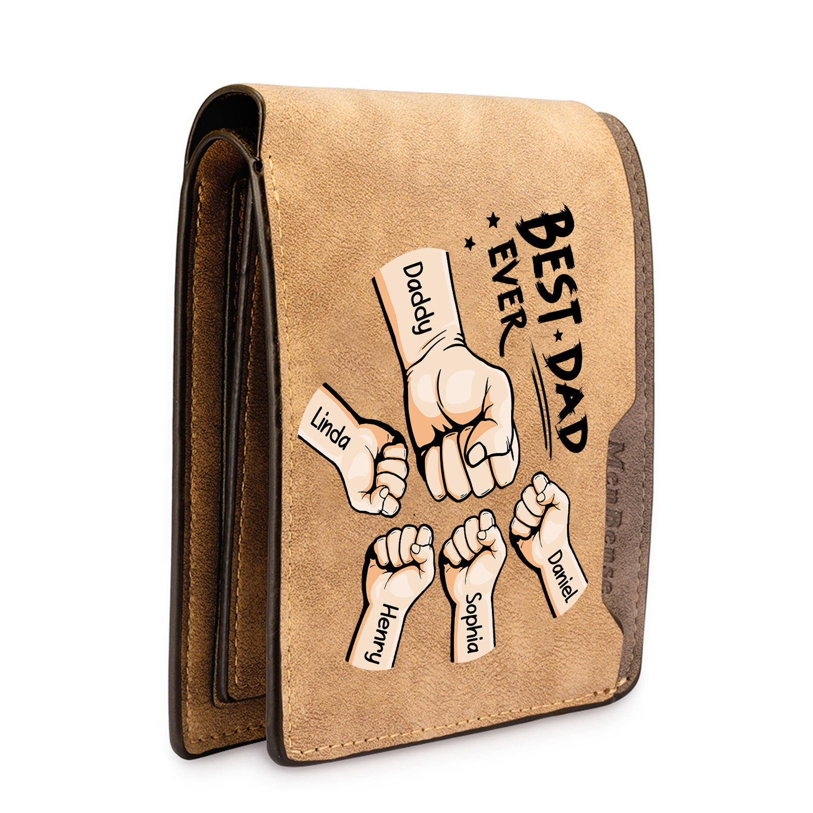 5 Names - Personalised Fist Bump Pattern Custom Text Leather Men's Wallet as a Father's Day Gift for Dad