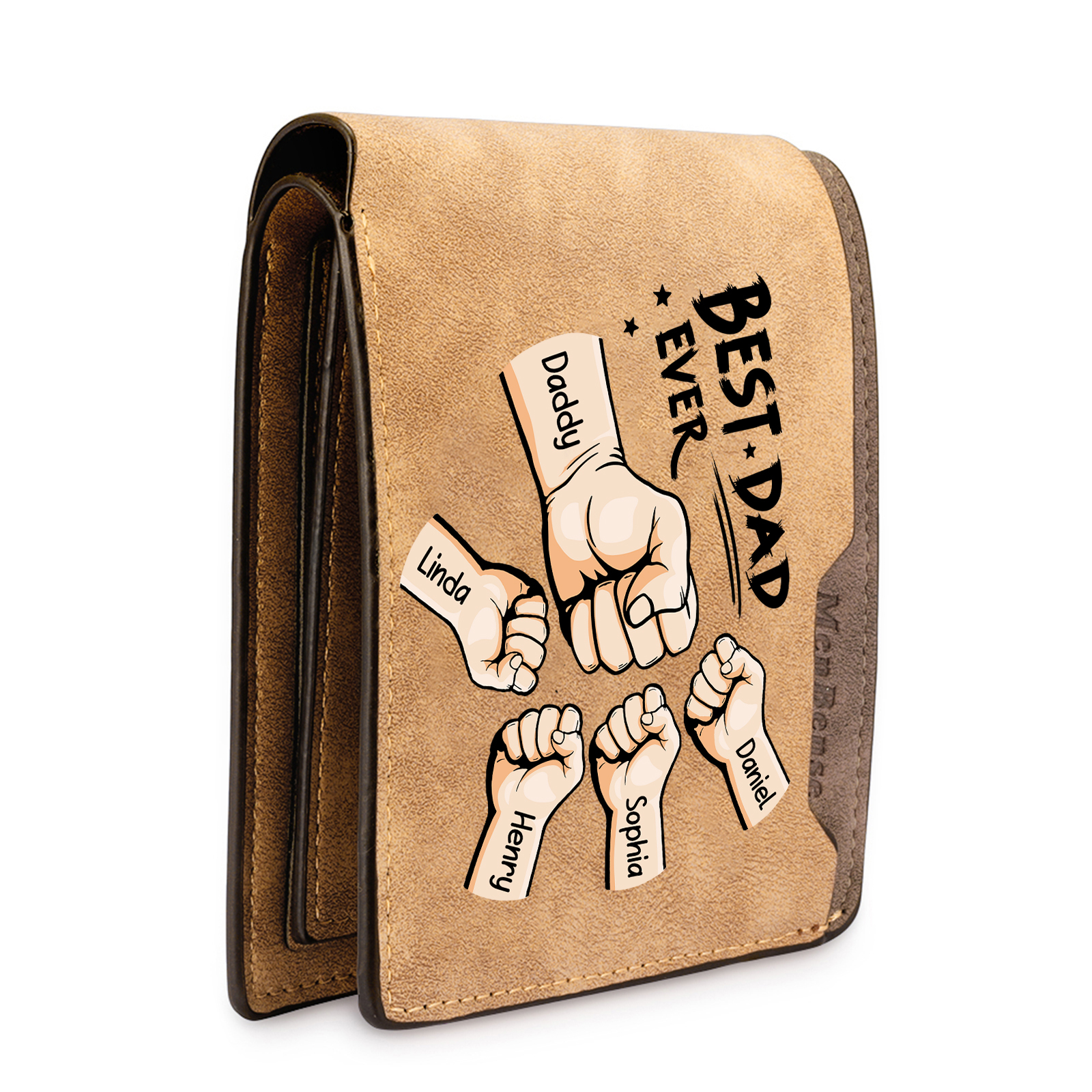 5 Names - Personalised Fist Bump Pattern Custom Text Leather Men's Wallet as a Father's Day Gift for Dad