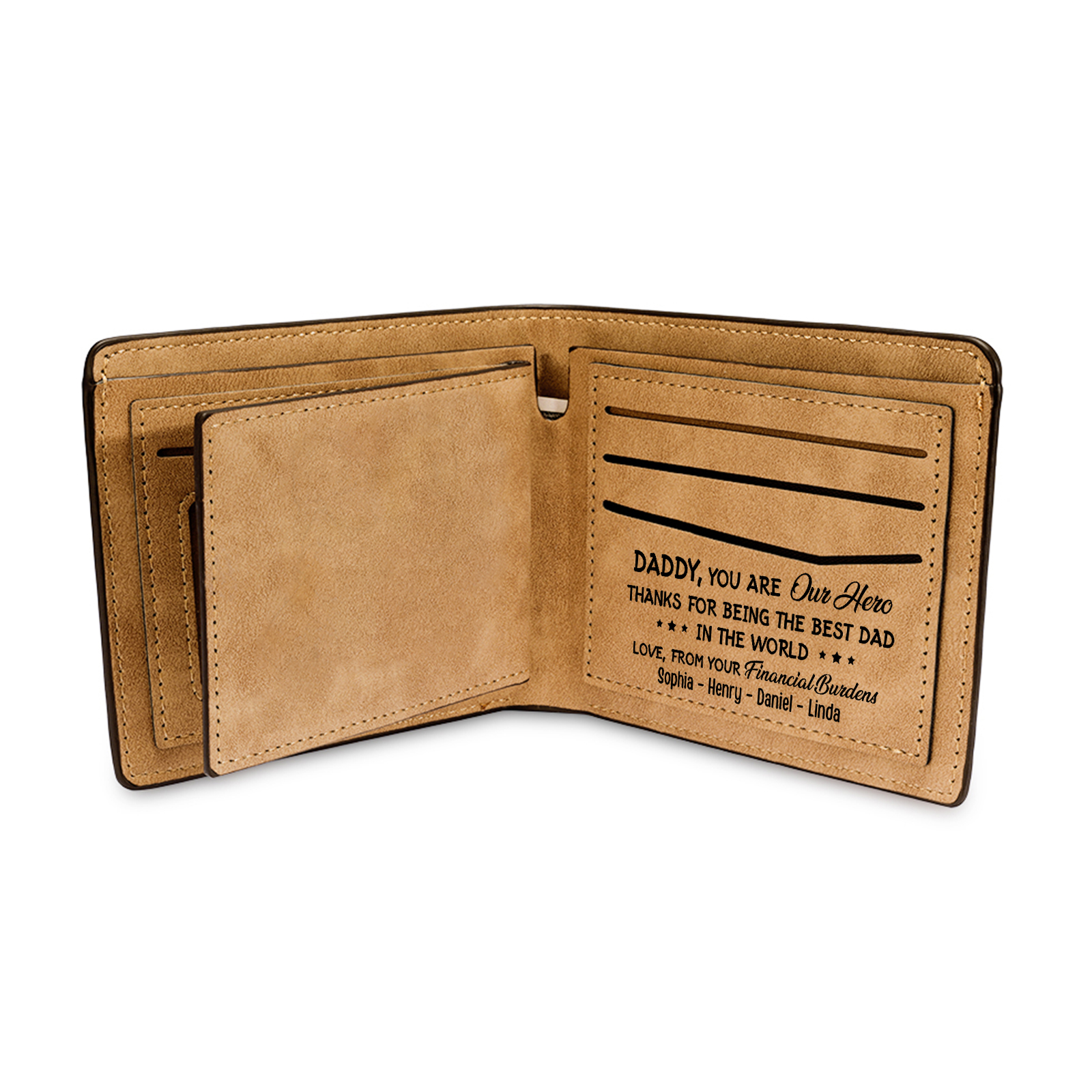 5 Names - Personalised Fist Bump Pattern Custom Text Leather Men's Wallet as a Father's Day Gift for Dad