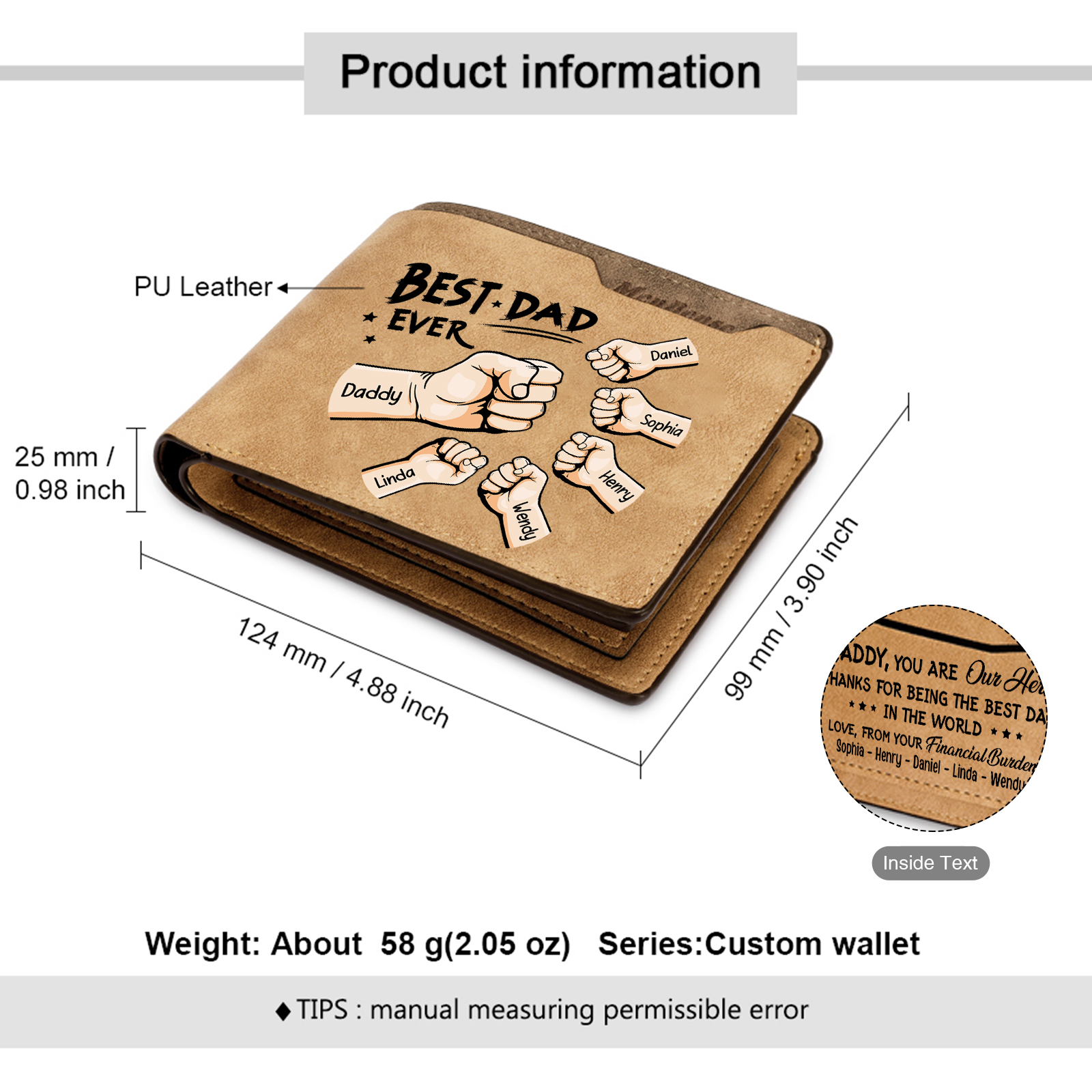 6 Names - Personalised Fist Bump Pattern Custom Text Leather Men's Wallet as a Father's Day Gift for Dad