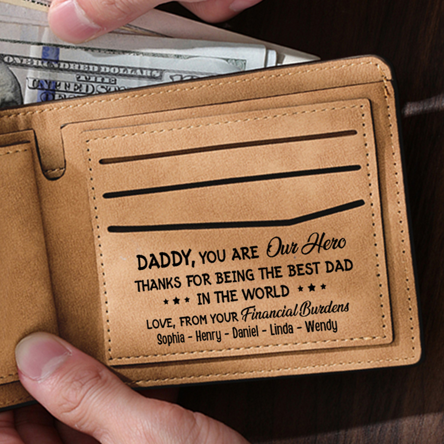 6 Names - Personalised Fist Bump Pattern Custom Text Leather Men's Wallet as a Father's Day Gift for Dad