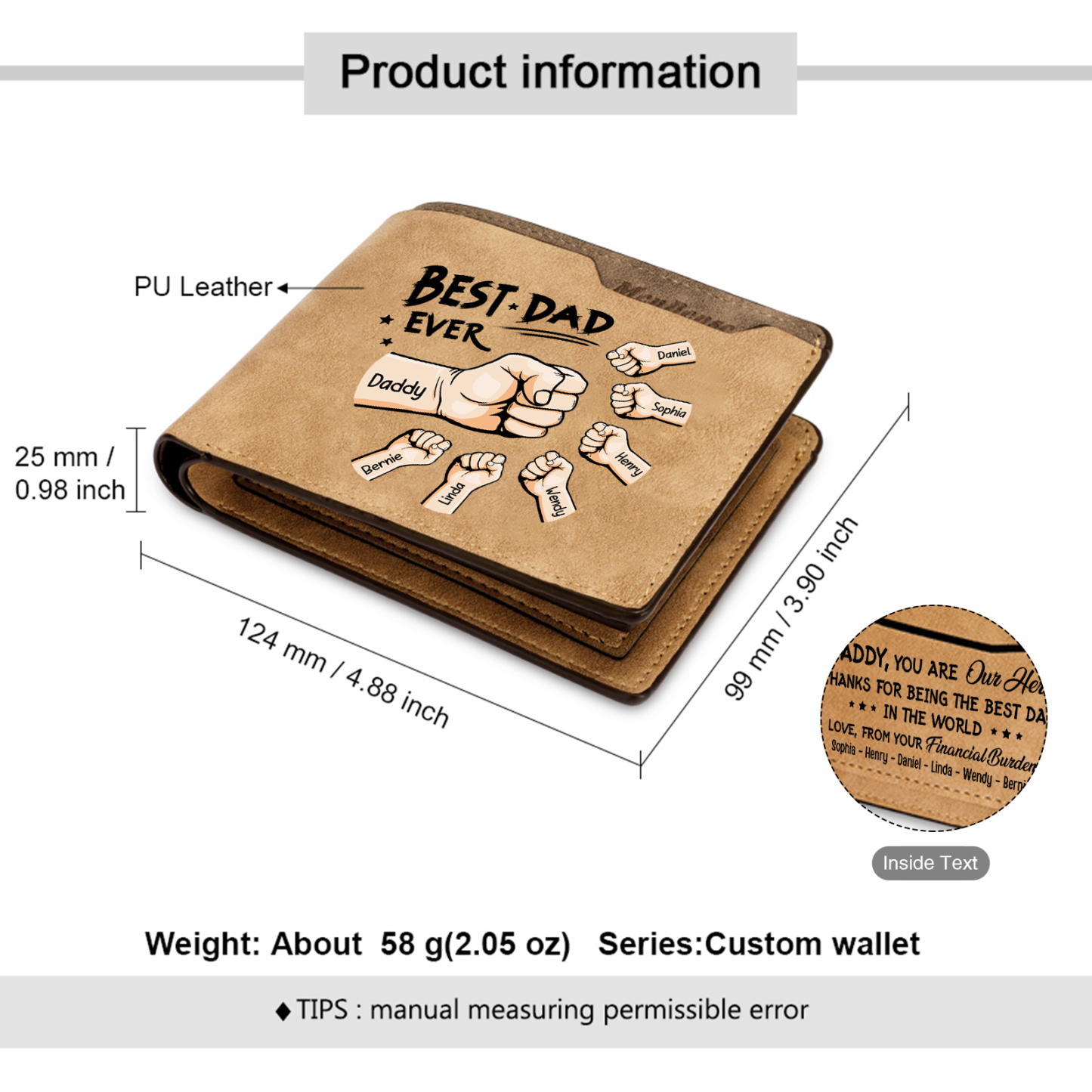 7 Names - Personalised Fist Bump Pattern Custom Text Leather Men's Wallet as a Father's Day Gift for Dad