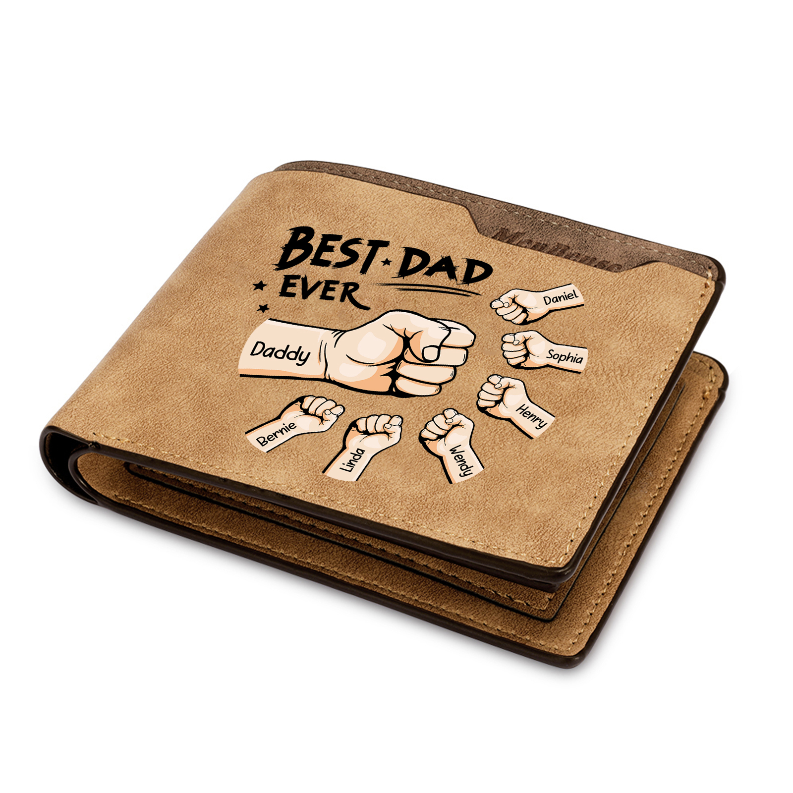 7 Names - Personalised Fist Bump Pattern Custom Text Leather Men's Wallet as a Father's Day Gift for Dad