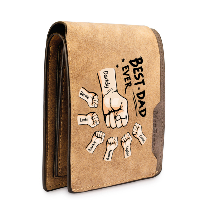 7 Names - Personalised Fist Bump Pattern Custom Text Leather Men's Wallet as a Father's Day Gift for Dad