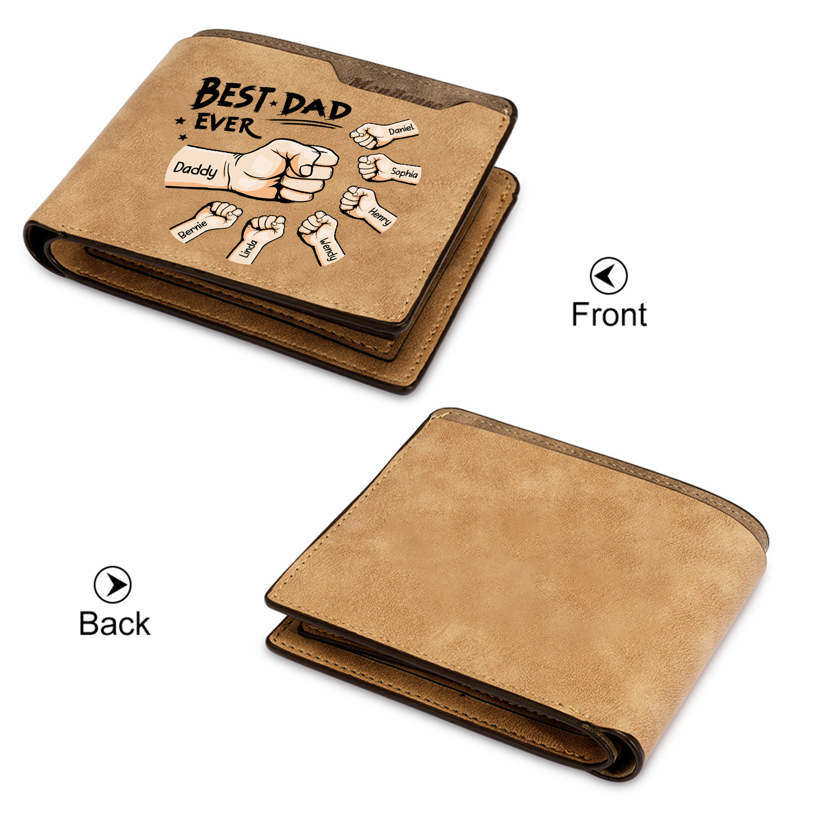 7 Names - Personalised Fist Bump Pattern Custom Text Leather Men's Wallet as a Father's Day Gift for Dad