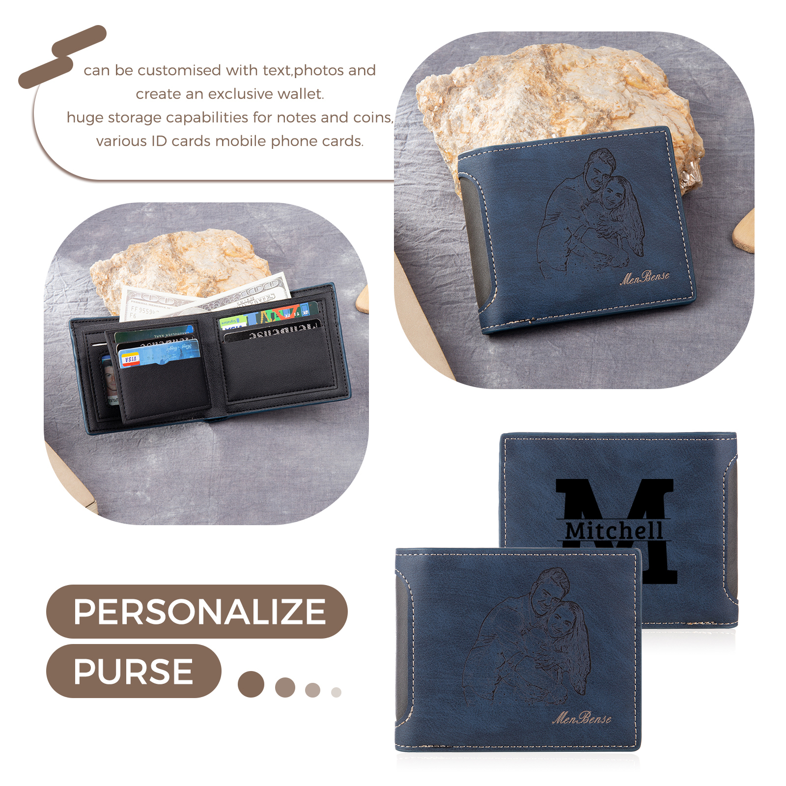 Personalised Leather Folding Wallet With Photo, Name and Letter, Gift For Dad