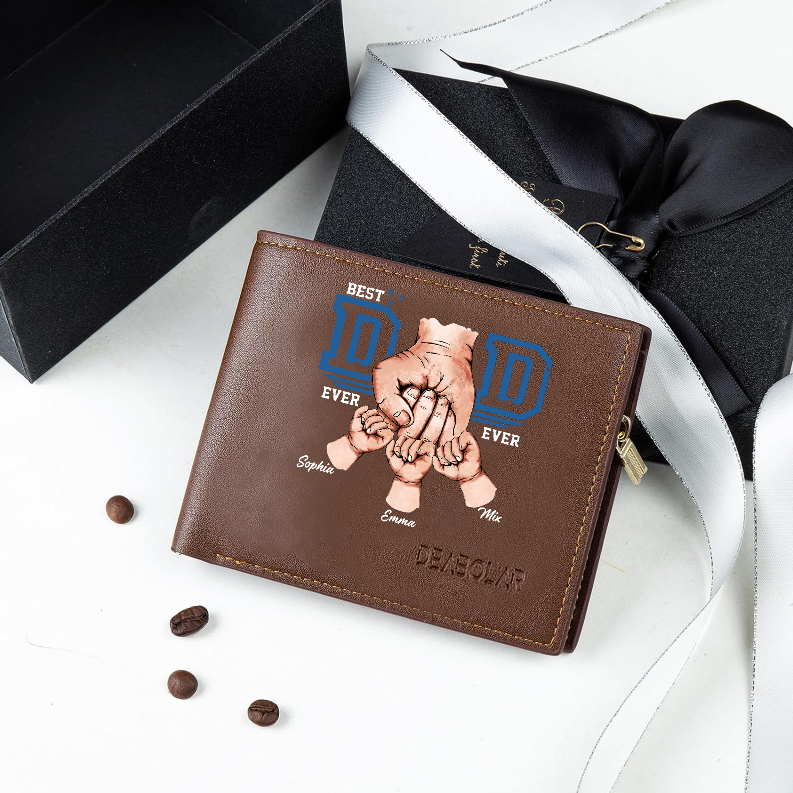 Custom Engraved Dad Wallet – 3 Names & 1 Photo Personalised Leather Wallet for Father's Day | Jessemade