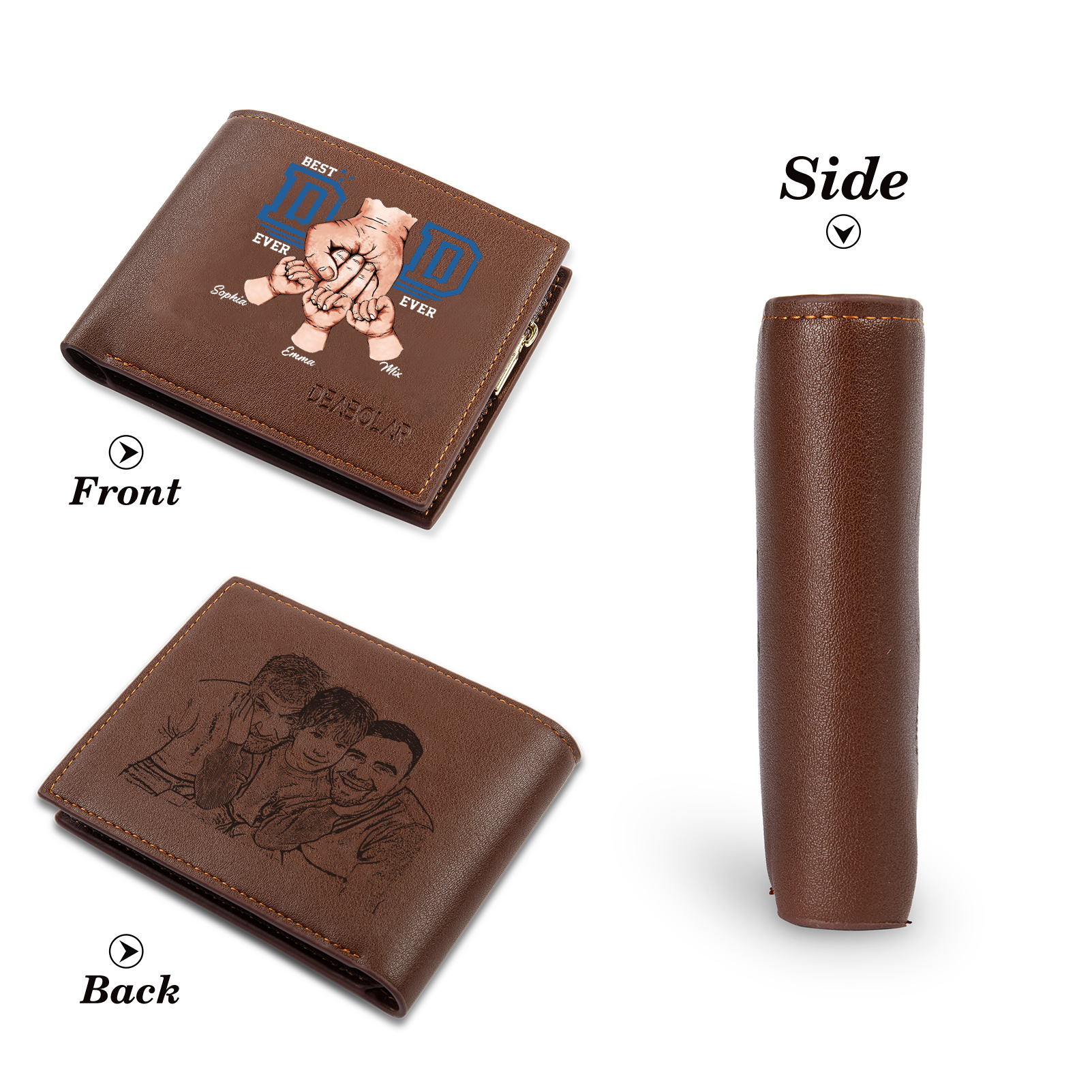 Custom Engraved Dad Wallet – 3 Names & 1 Photo Personalised Leather Wallet for Father's Day | Jessemade