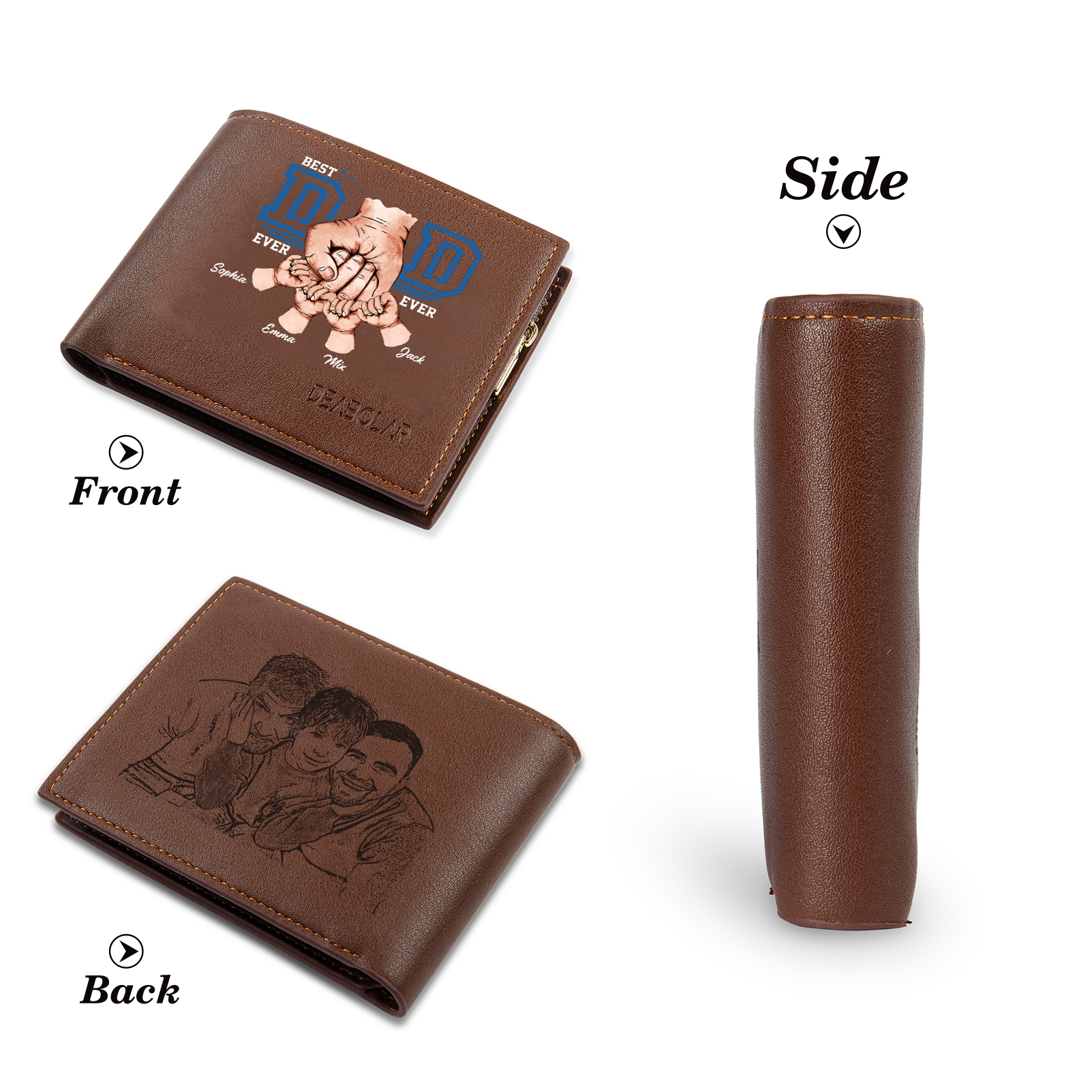 Custom Engraved Dad Wallet – 4 Names & 1 Photo Personalised Leather Wallet for Father's Day | Jessemade