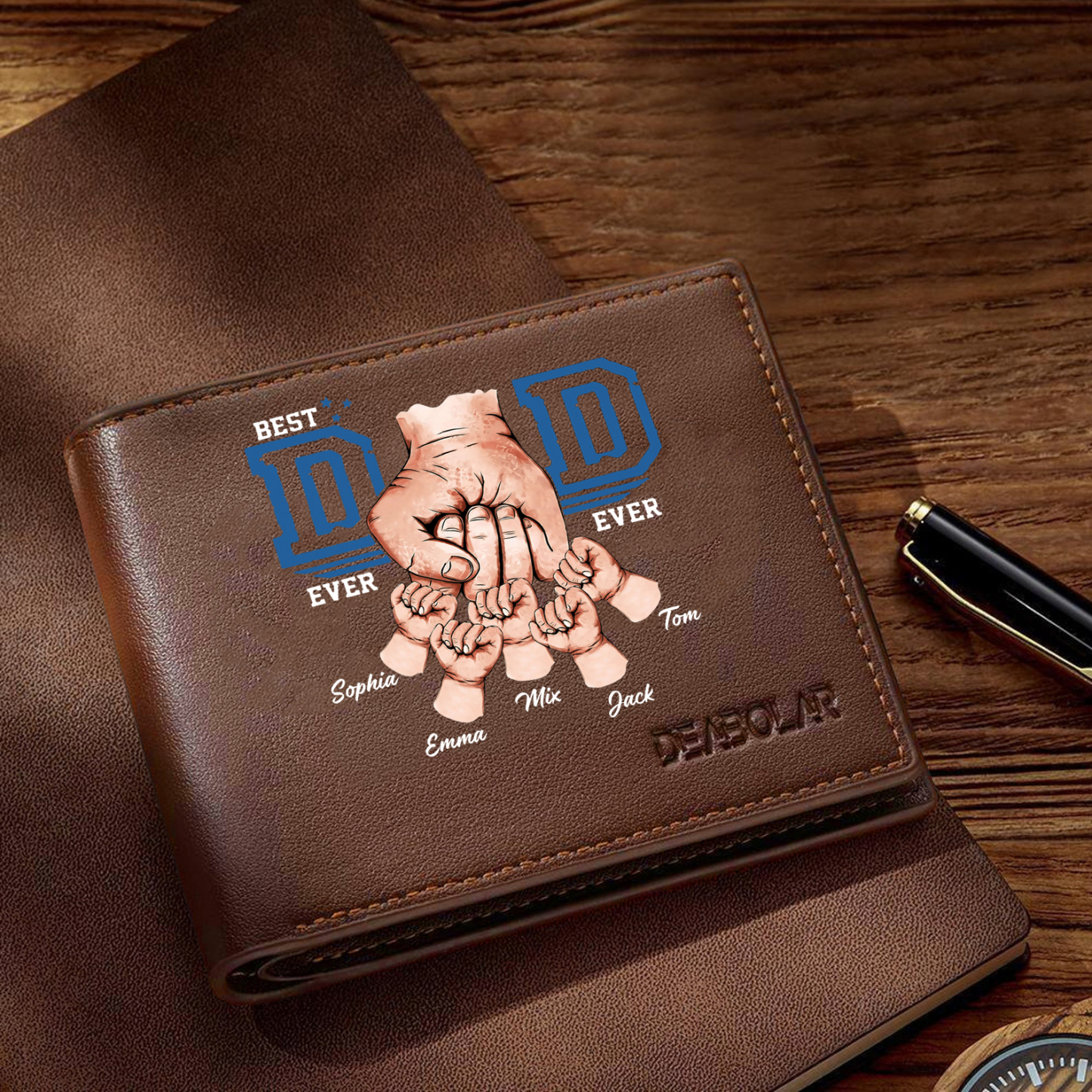 Custom Engraved Dad Wallet – 5 Names & 1 Photo Personalised Leather Wa