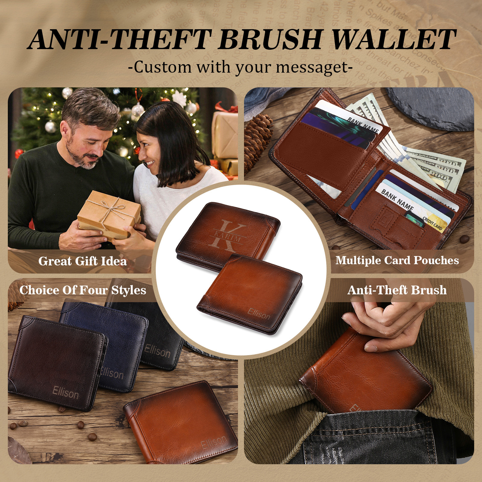 Personalised First  Layer Leather Men's Wallet - Custom Name and Letter Valentine's Day Gifts for Him | Jessemade