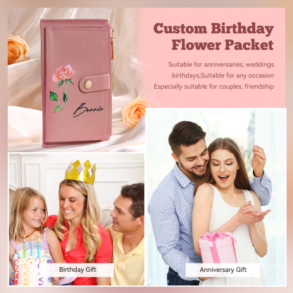 Personalized Women's Wallet Custom Name and Birthflower Leather Wallet for Grandma | Jessmade